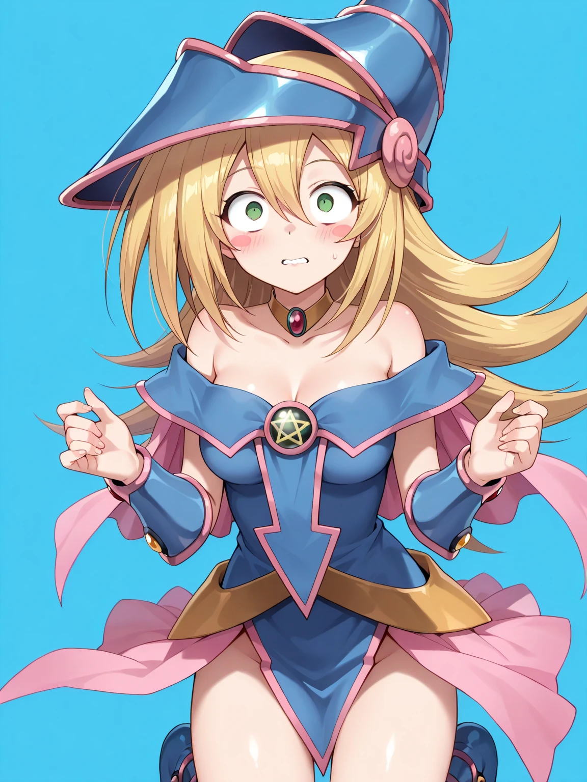score_9, score_8_up, score_7_up, 1girl, solo, (loli:1.5), ???, flat chest, dark_magician_girl,blonde_hair,duel_monster,1girl,long_hair,green_eyes,bare_shoulders,wizard_hat,, no cane, cleavage,hair_between_eyes, sitting on floor, knees up, hand on head, confused face, oversized clothes, looking down, fantasy, galaxy,
