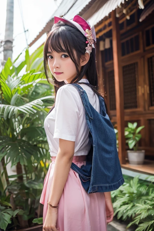 A teen girl with Indonesia face, approximately 16 years old. Standing. Wear skirt, visible panties, windy skirt, upskirt camera. (face view to camera)