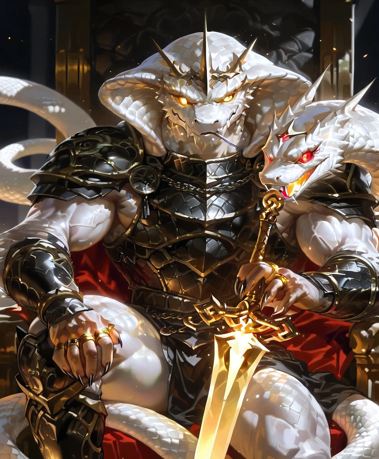 masterpiece, 最 high quality, high quality, ultra-high resolution , anime style,Fantasy magic style ,( Muscular ,Big muscles, Muscular male:1.1),alone,whole body,1male,furry,snake, white cobra ,White snake scales ,White snake body , golden pupils , colorful rings around the white body ,delicate eyes,detail eyes,Heterochromic pupils,a red eye , a golden eye ,White sclera, Visible scars on the face , white body markings,5 fingers,Serpent Tail, Tail cluster ,whole body wearing black armor :1.5, wearing a cyan cape ,Sitting on the throne, sitting on a throne , and a golden ring of reincarnation appears on the back :1.5,( with an element ring floating around the white body:1.2),Divinity,( in a dark-style palace :1.3, wearing a cyan cape ),whole body wearing black armor ,mask, holding a lollipop in his mouth,Evil Smile,Cold Breath , dark night background, in a dark-style palace 里, sitting on a throne ,充满Divinity, and a golden ring of reincarnation appears on the back ,Brilliant,Holding a sword in his claws , wearing black armor ,front viewer,by lindong:0.8,by zoroj:0.3,by raccoon21:0.6,by null-ghost:0.6