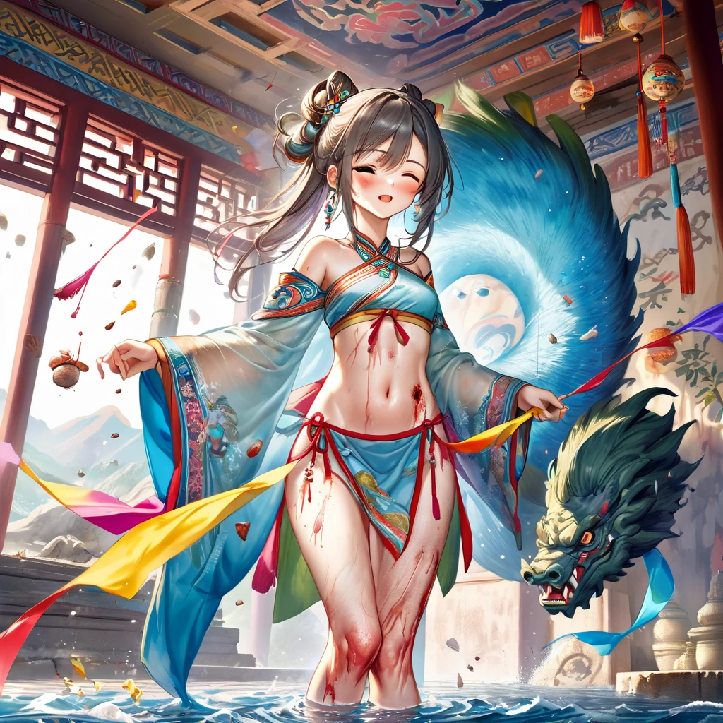 An ancient Chinese beauty stands and dances on the water, gorgeous costumes embroidered with intricate embroidery, flowing tulle, transparent long colorful ribbons tied on the arms, inspired by Dunhuang Flying Apsaras murals, showing navel, bare shoulders, bare neck, Black curly hair in a high bun with flower hairpins, ribbons on arm rings, wreaths, bracelets, anklets, metal chain tassels on the waist, Mogao Grottoes art, ink painting, cgstation pop, topless, nipples, bare breasts