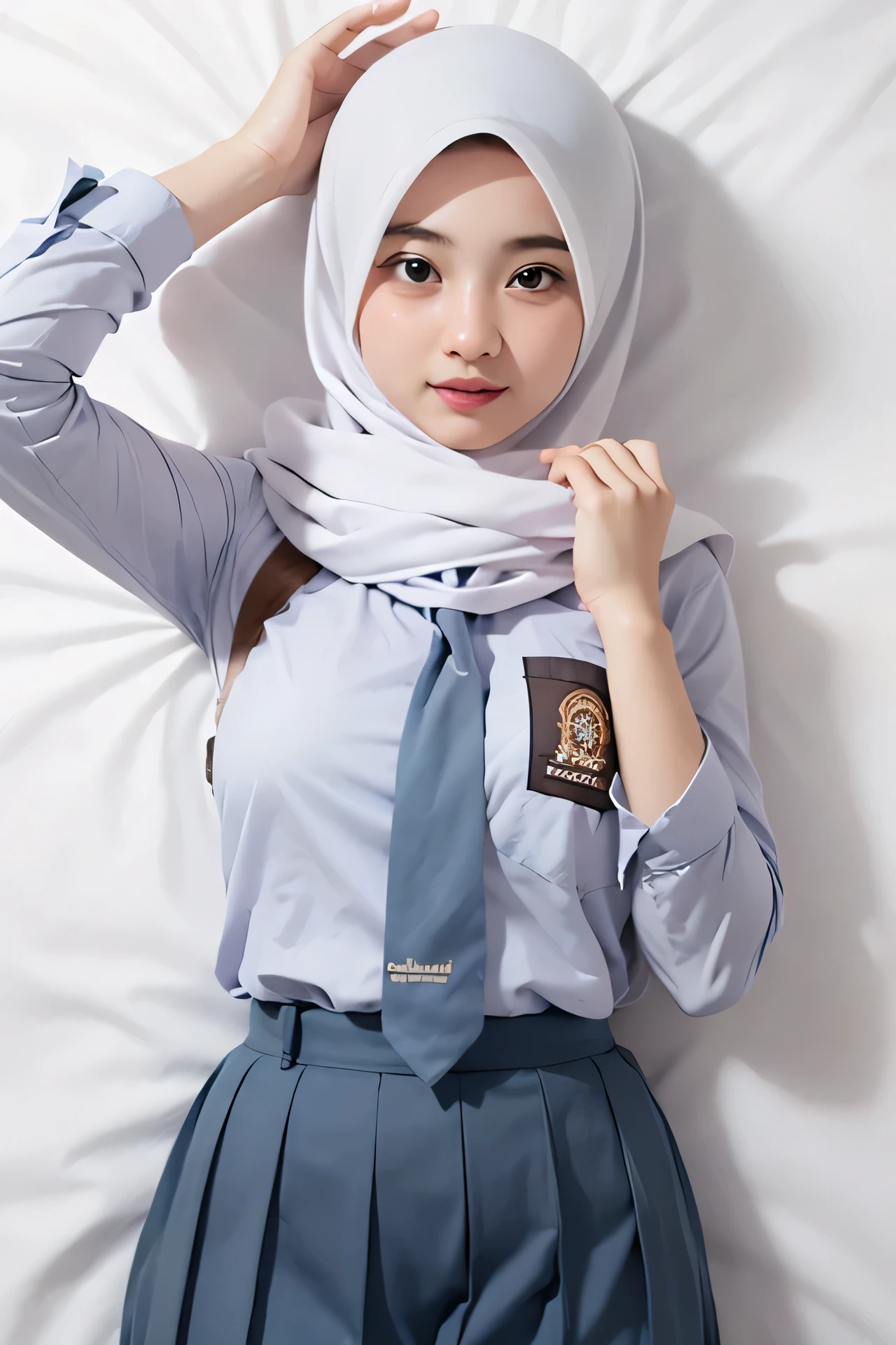 Arafed woman in a blue shirt and blue skirt with a white scarf - SeaArt AI