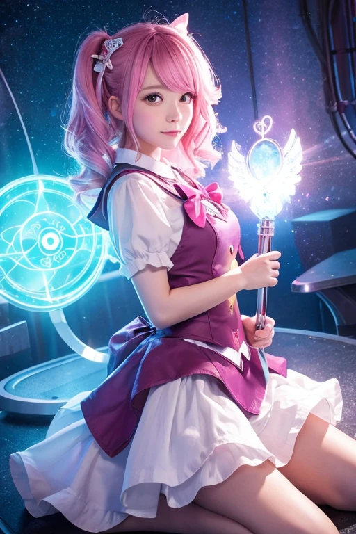 ((((Medium Wavy Hair、Pink Hair、bouffant、A Japanese girl wearing a shiny short-sleeved white sailor uniform with elbow gloves and a cloak over it.,Silver glasses、smile)))、(((Pink latex sailor collar)))、(((Pink latex pleated skirt)))、choker、Earrings、ribbon、 (((Sailor Warrior Uniforms)))、Beautiful ornaments: 美しいPerfect Face, Soft Skin、Perfect Face, Intricate details, Splash screen, 8K resolution, masterpiece, Cute Face、Add light blue lines、(((Space Background)))