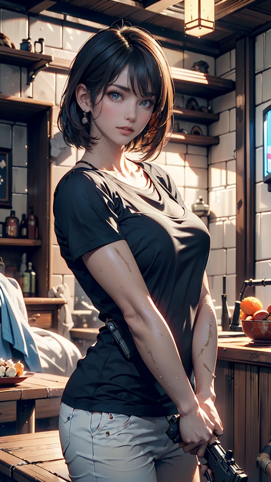 (masterpiece), (Best Quality), High resolution, Ultra Detail, photorealistic, 8K, intricate face, Detailed body, Detailed face, Beautiful,
BREAK
(1girl, Beautiful girl, middle breasts), (short blue hair, grey eyes),
BREAK
bruceleejumpsuit, torn clothes, Striking an action pose, fighting pose, dilapidated wooden house, indoor