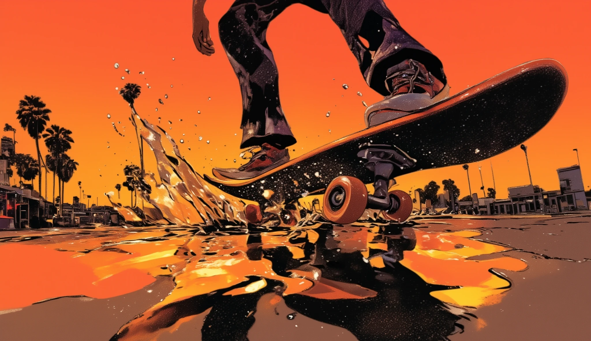 A close-up dynamic shot of a skateboard in motion at sunset, with a skater silhouette performing a trick. The scene highlights the puddle surface reflecting the vibrant orange and red hues of the sunset, as well as the silhouette of a palm tree and distant structures. Emphasize the detailed texture of the skateboard deck, the skater's sneakers, and the splash created by the wheels gliding through the wet pavement. Capture the energy and motion with dramatic lighting and reflections, creating a cinematic, action-packed vibe. Hirohiko Araki, By Taiyo Matsumoto