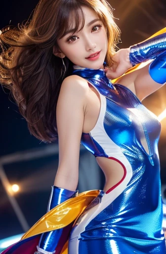 (RAW Photos、Highest quality)、(Realistic、Photorealistic:1.3)、Highest quality、masterpiece、Very delicate and beautiful、A hVery detailed、Hmph、Sense of unity、2k wallpaper、growing up、Beautiful in every detail、masterpiece、light smile、Highest quality、HVery detailed ticker Unity 8K wallpaperS、Large file size、Very detailedな、High resolution、Very detailed、((Euphoric look))、((:1.2))、((.15))、((sweati、((translucent:1.55、A sailor-style bodysuit with a beautiful silhouette and a collar that clings to the skin., The main color is orange....:1.6))、Blue and purple、ribbon、Sailor Hat、Double frill garter、Very cute girl、10th Generation、Part of an idol group、(((At a concert「ザ☆ピ〜S!」Dancing)))、(Spread your legs wide), (Pull your hips back), (Warp your upper body), Place your left hand on your hip.、The right hand salutes with two fingers、Hair is moving、Spotlight、Professional Lighting、Cinematic Light、3D、Audience'perspective、