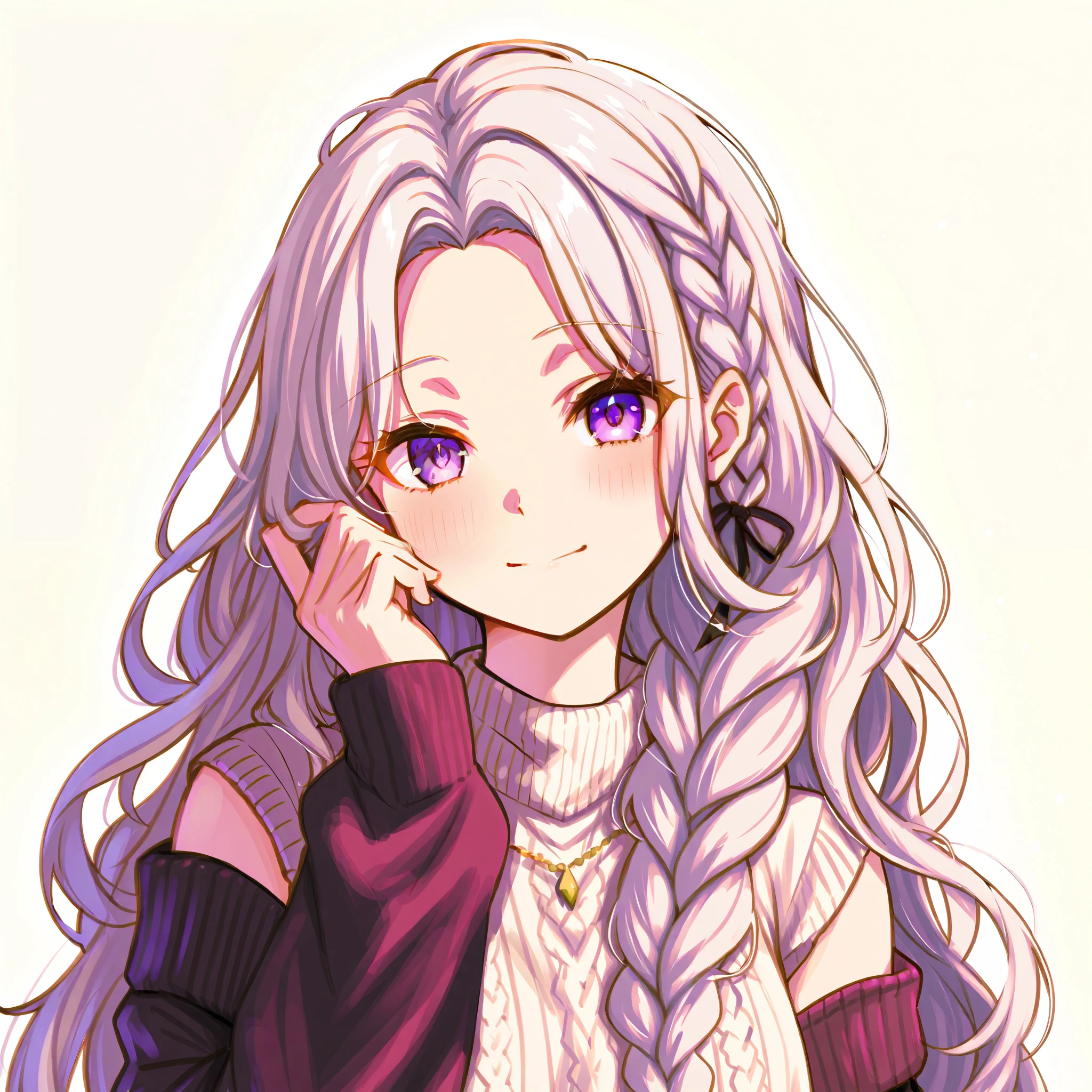 Use the same composition as the attached image, and I want them to have white hair and light purple eyes, so create the picture with the same image as the image of the model exeploits above