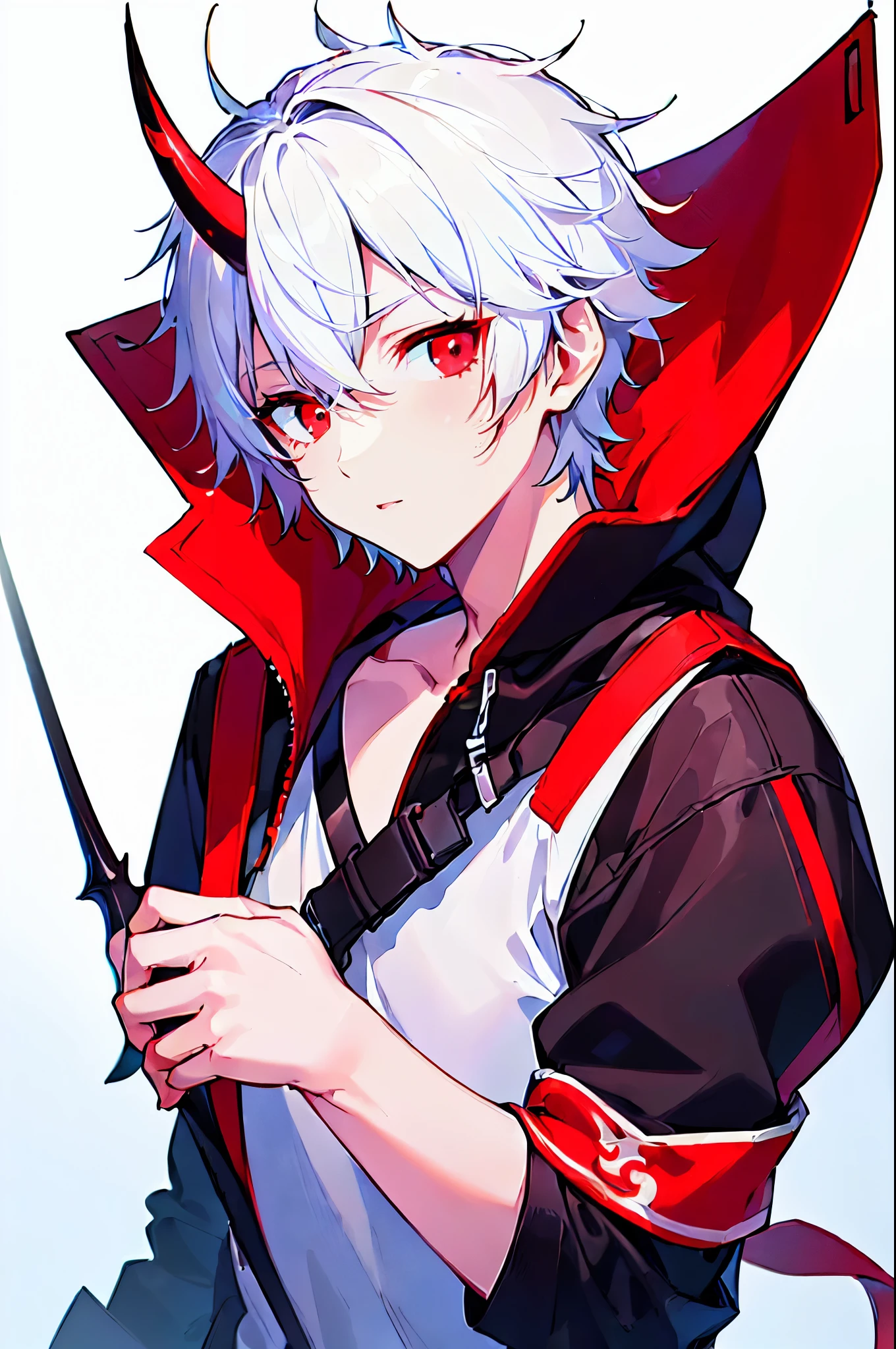 [(WHITE BACKGROUND:1.5),::5], ((((masterpiece)))), high quality, ultra_very_high_resolution, large_filesize, full color, (((solo boy))), ((oni younger boy)), (((White short hair))), red eyes, anime, (upper body), (oni horn), neon light, black parka,