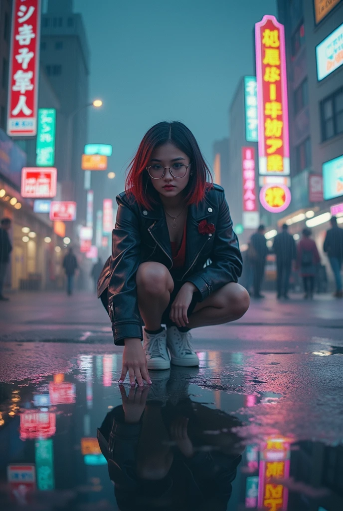 A crouched girl reflected in a puddle. The puddle is vaguely reflecting the surrounding neon signs. The girl is in her late s, with a melancholy expression on her face and her gaze looking slightly downward. In a cyberpunk worldview, the background is lined with rain-soaked, neon-lit skyscrapers, and smog is in the air. She has red and black gradient bobbed hair and wears round, thin, gold-rimmed glasses. He wears a black leather jacket with a red embellishment on the collar. The surroundings are dark, but there is a strong reflection of neon light in the puddles. Low angle, trisection. Dark, dystopian, decadent.