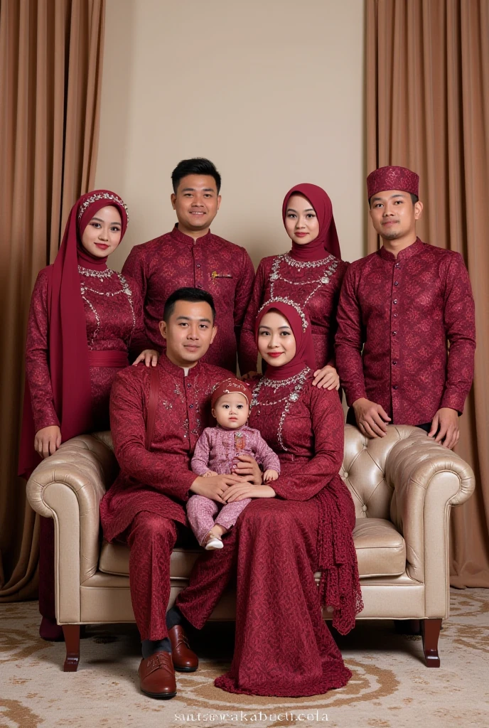 Family photo of a handsome man wearing a black suit aged 39,and a 3 wife wearing a pink kebaya and a pink headscarf ,and a girl wearing a pink kebaya and a pink headscarf ,and an sister wearing a pink kebaya and wearing a pink veil