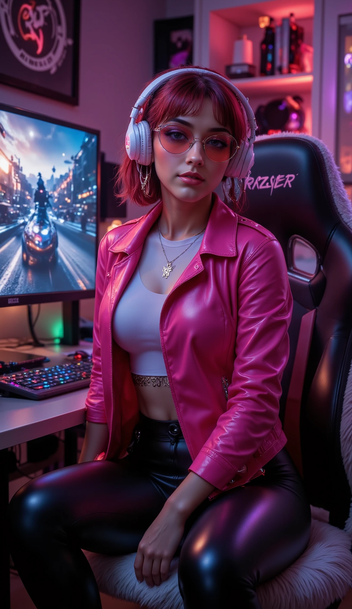 beautiful girl, she is a game streamer, her room is full of rgb neon lights that enlights the place, furniture related to the gaming world and, she is sitting on her desktop that features an amazing PC Gamer with a giant led screen, she is wearing a pink leather neon jacket underneath is a white crop top and black fitted leggings pants, she have the latest white RAZER BARRACUDA headset on her head, she is looking to her back, she is sitting in confortable and fluffy gaming chair, smile, seductive, dyanmic model pose, gamer model pose, cowboy shot, mid body shot, looking to the viewer, she have a red hearts rgb frame glass