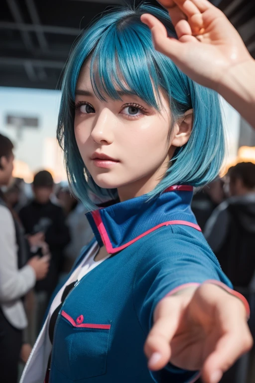 masterpiece, best quality, (realistic,photo-realistic:1.4), (RAW photo:1.2), extremely detailed CG unity 8k wallpaper, delicate and beautiful, amazing,finely detail, official art, absurdres, incredibly absurdres, huge filesize, ultra-detailed,extremely detailed eyes and face,light on face,(little smile),sinon,(cyan hair:1.4),(long hair:1.6),(wearing hooded coat:1.4),(town background:1.4)