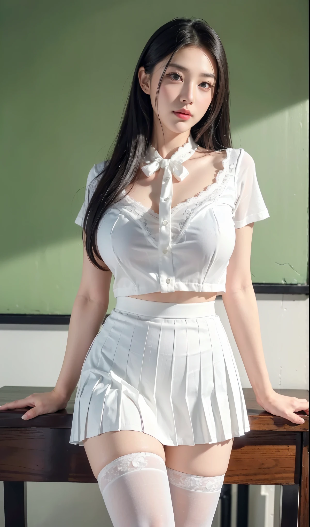 ((raw photograph, realistic pictures, top quality, 8k, masterpiece: 1.3)), ( RAW photo:1.2), surreal portrait beautiful Chinese girl, , , Nice body, ( Beautiful Natural Breasts : 1.2), Highly detailed eyes and faces , ( slutty face , crimson red lips, deep makeup: 1.3, blush ), Beautiful, Detailed Eyes , captivating sharp eyes , ( bow on left arm : 1.2), Smooth white skin, Photorealistic , very detailed face , ((), (white long shirt: 1.1), ( black pleated skirt over legs )), ( white lace stockings : 1.2), (long legs: 1.2, Beautiful long nails ), loose curl hairstyle , ( standing position), ( modern classroom background )