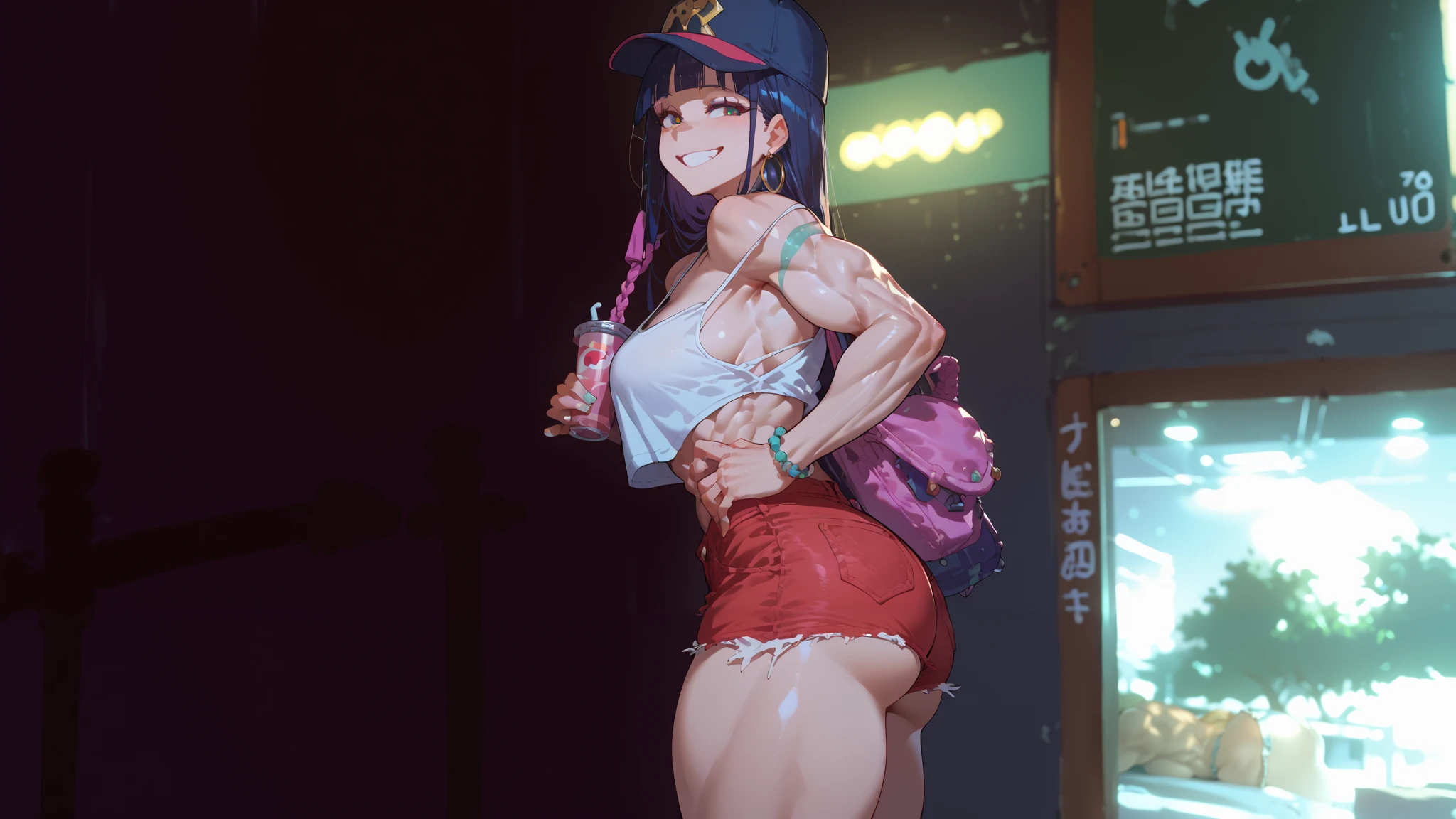 1girl, micro denim shorts, perfect face, muscle girl, toned body, thick-thighs, wide hips, arched back, smiling, ass exposed