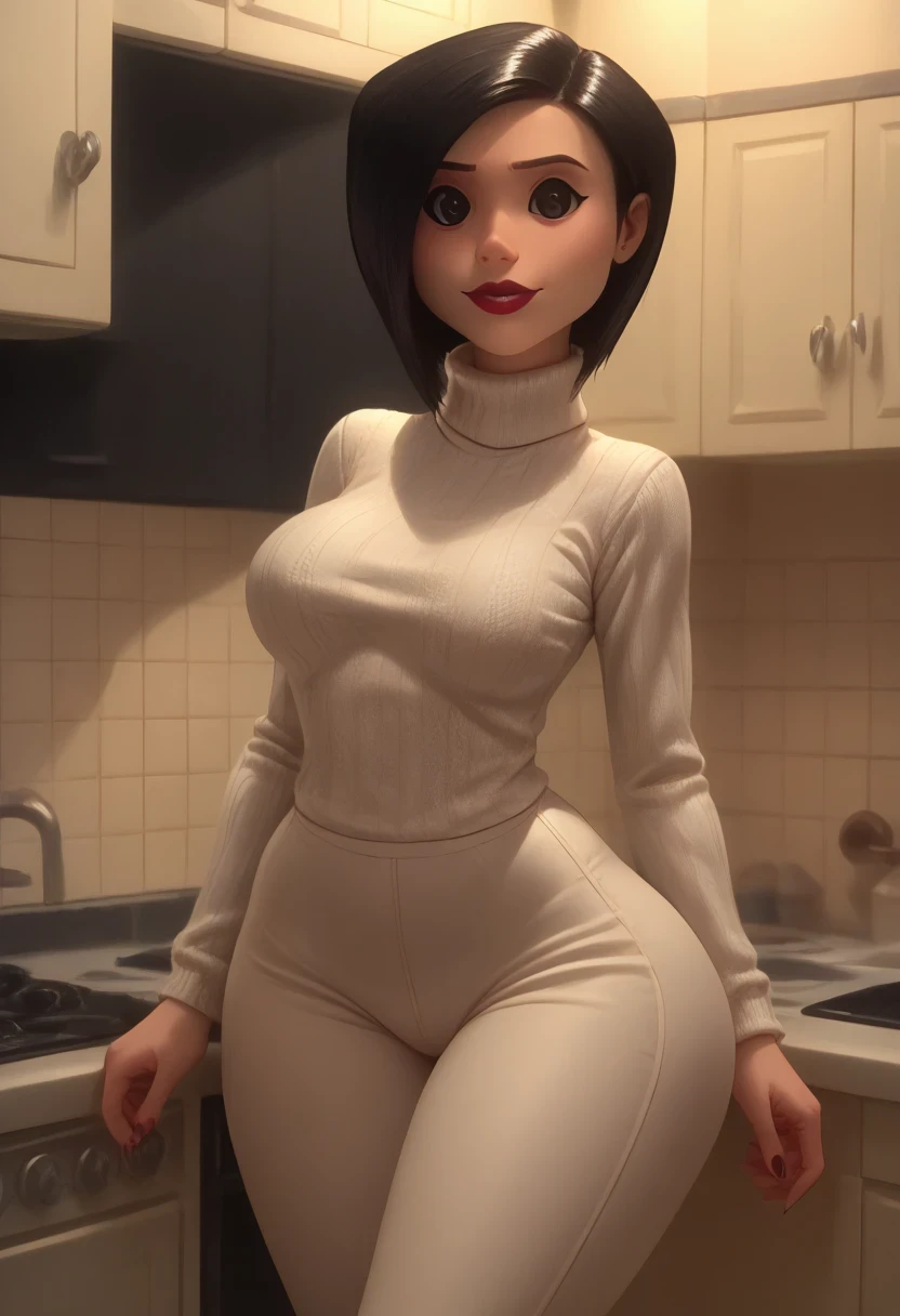 other mother, no eyes, blind, eyes buttons,high resolution, other mother, button eyes, scary, sweater, short black hair, tight pants, buttons, pose, jewelry, busty, huge bulging glutes, huge ass, looking at viewer, thick thighs, wide hips, slim waist, (short legs), pale skin, in a kitchen, shadows, colorful, high saturation, high contrast, score_9, score_8_up, score_7_up,