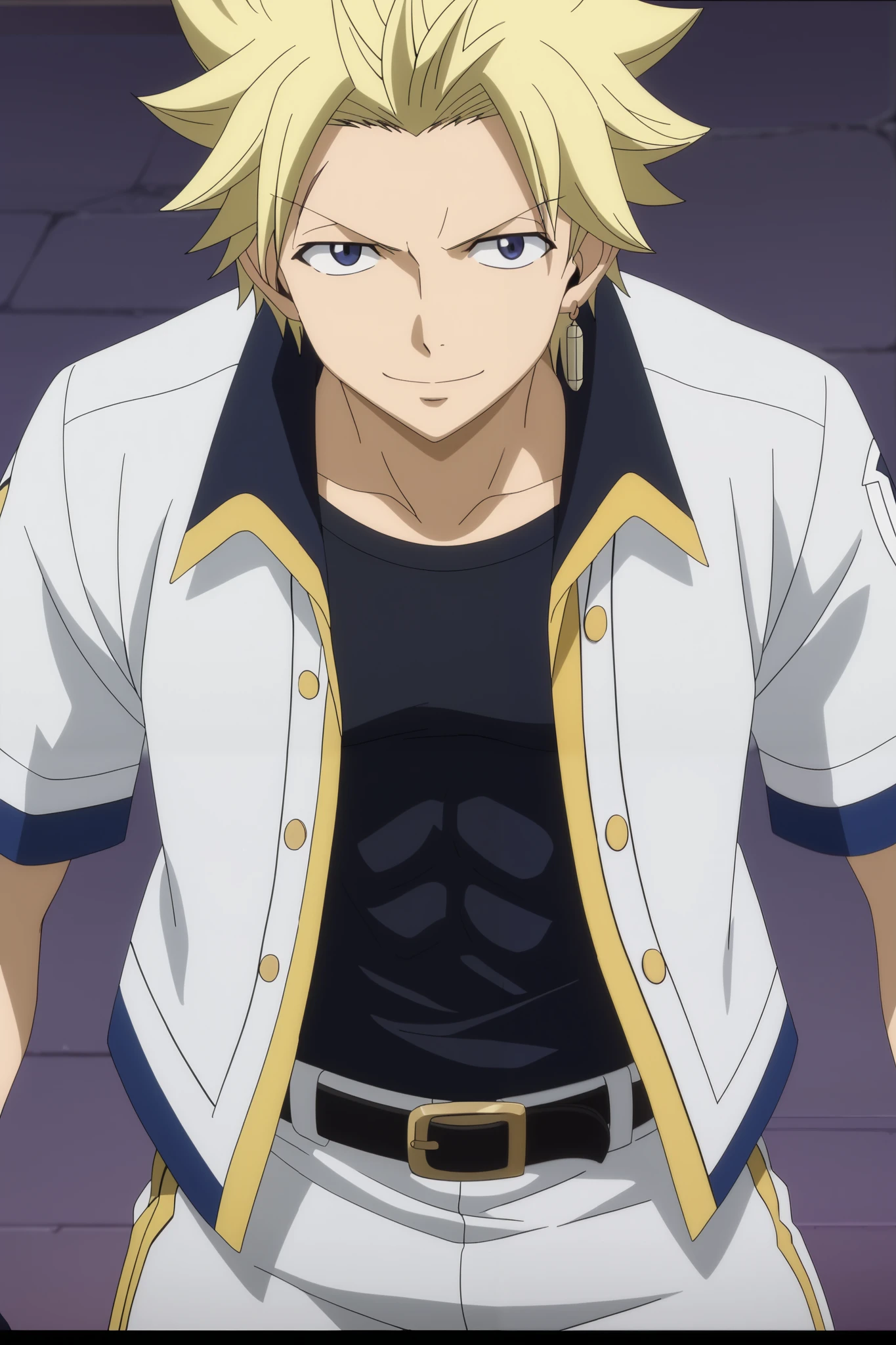 front view, Frontal portrait, close-up, looking at viewer, score_9, score_8_up, score_7_up, source_anime, StingFT, Sting blonde hair, light yellow Sting, 1boy, male focus, anime screencap, a white men's jacket with black details, which fits his athletic figure. Underneath, he wears a black long sleeved T-shirt. His pants are dark and tight fitting, and he completes the look with white fingerless gloves that add a modern touch. He also usually wears a belt with a decorative buckle. Official style, smile, happy