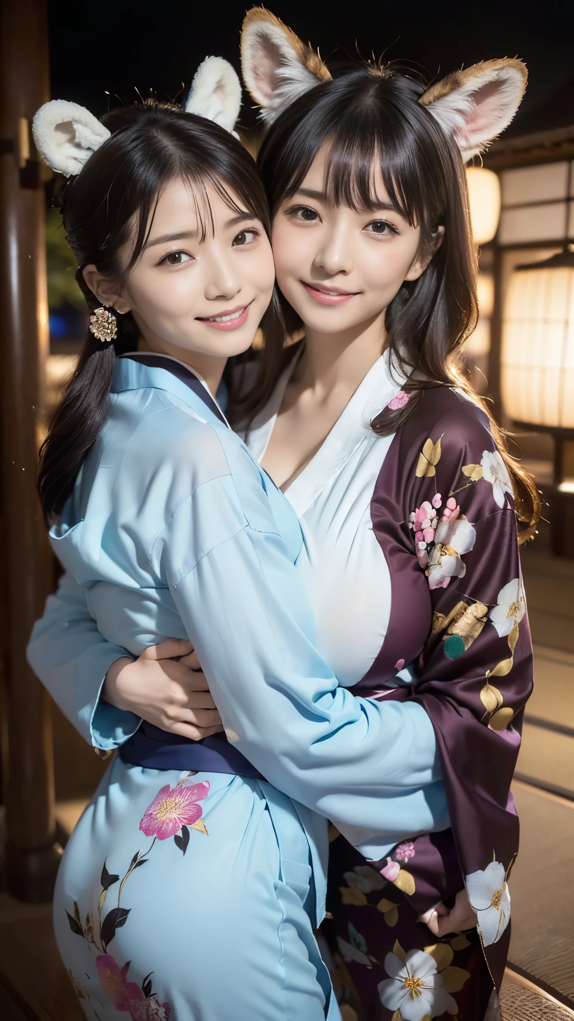 Highest quality,8K, Detailed facial depiction, Detailed description of the eyes,One Woman, Light brown hair(Medium-long hair),Beautiful Japanese Girl,24-years-old,Cute eyes,Cute Smile,Yukata beauty,Navy blue checkered yukata,Slender body, Large, plump breast size, Long and beautiful legs,Smiling, Colorful earrings,necklace,Are standing,Beautiful nape,Japanese Summer Festivals,There are food stalls,Cute pose