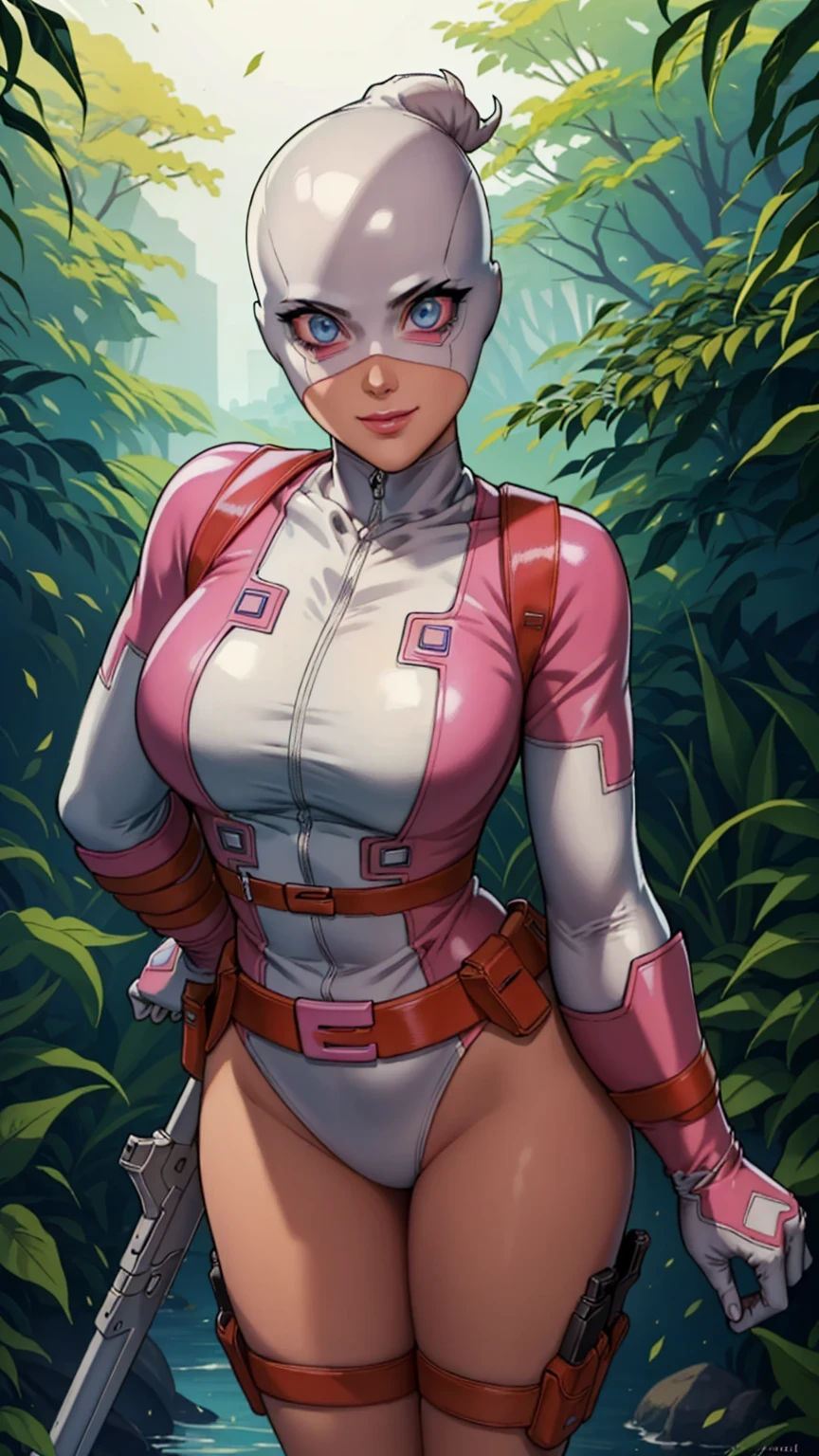 ((ultra quality)), ((masterpiece)), (GwenPool attacking:1), (Detailed face:1.2), (Detailed eyes:1.2), (platinum blonde hair, bright blue eyes), (superhero, pink headband, bodysuit, pink leotard, belt, gun, hood:1), looking at viewer with a snarky grin, expressive, cute pose, leaning forward, (dynamic_angle:1), (dynamic_pose:1.2), (masterpiece:1.2), (best quality, highest quality), (ultra detailed), (8k, 4k, intricate),(full body:1), (Cowboy shot:1.2), (50mm), (highly detailed:1.2),(detailed face:1.2), detailed_eyes,(gradients),(ambient light:1.3),(cinematic composition:1.3),(HDR:1),Accent Lighting,extremely detailed,original, highres,(perfect_anatomy:1.2), background: beautiful forest near the river, ((depth of field)), ((high quality clear image)), (clear details), ((high detail)), realistically, professional photo session, ((Clear Focus))
