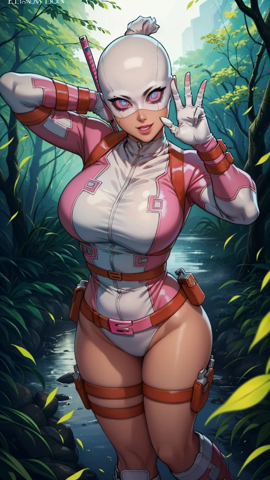 ((ultra quality)), ((masterpiece)), (GwenPool attacking:1), (Detailed face:1.2), (Detailed eyes:1.2), (platinum blonde hair, bright blue eyes), (superhero, pink headband, bodysuit, pink leotard, belt, gun, hood:1), looking at viewer with a snarky grin, expressive, cute pose, leaning forward, (dynamic_angle:1), (dynamic_pose:1.2), (masterpiece:1.2), (best quality, highest quality), (ultra detailed), (8k, 4k, intricate),(full body:1), (Cowboy shot:1.2), (50mm), (highly detailed:1.2),(detailed face:1.2), detailed_eyes,(gradients),(ambient light:1.3),(cinematic composition:1.3),(HDR:1),Accent Lighting,extremely detailed,original, highres,(perfect_anatomy:1.2), background: beautiful forest near the river, ((depth of field)), ((high quality clear image)), (clear details), ((high detail)), realistically, professional photo session, ((Clear Focus))
