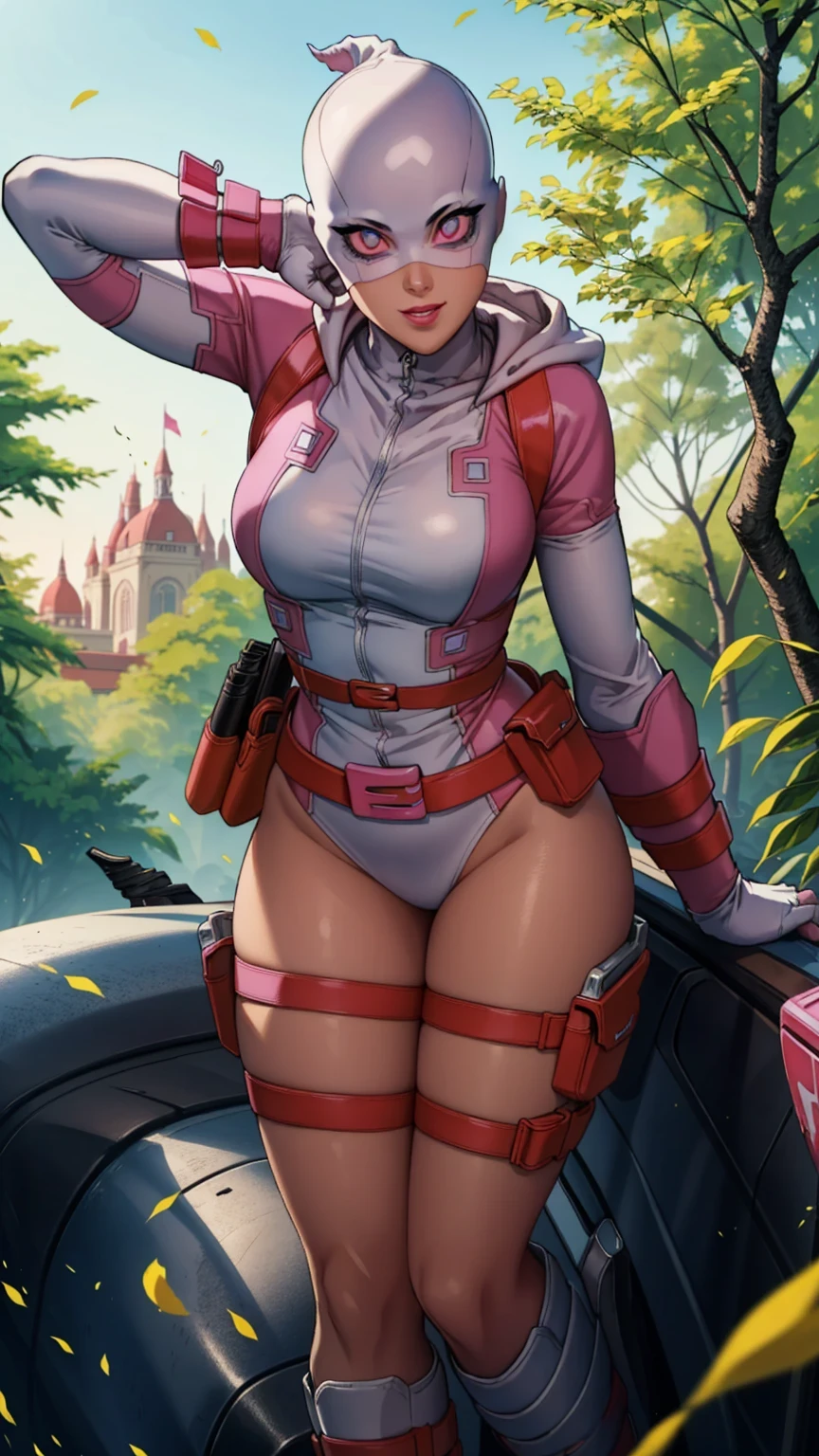 ((ultra quality)), ((masterpiece)), (GwenPool attacking:1), (Detailed face:1.2), (Detailed eyes:1.2), (platinum blonde hair, bright blue eyes), (superhero, pink headband, bodysuit, pink leotard, belt, gun, hood:1), looking at viewer with a snarky grin, expressive, cute pose, leaning forward, (dynamic_angle:1), (dynamic_pose:1.2), (masterpiece:1.2), (best quality, highest quality), (ultra detailed), (8k, 4k, intricate),(full body:1), (Cowboy shot:1.2), (50mm), (highly detailed:1.2),(detailed face:1.2), detailed_eyes,(gradients),(ambient light:1.3),(cinematic composition:1.3),(HDR:1),Accent Lighting,extremely detailed,original, highres,(perfect_anatomy:1.2), background: beautiful forest near the river, ((depth of field)), ((high quality clear image)), (clear details), ((high detail)), realistically, professional photo session, ((Clear Focus))