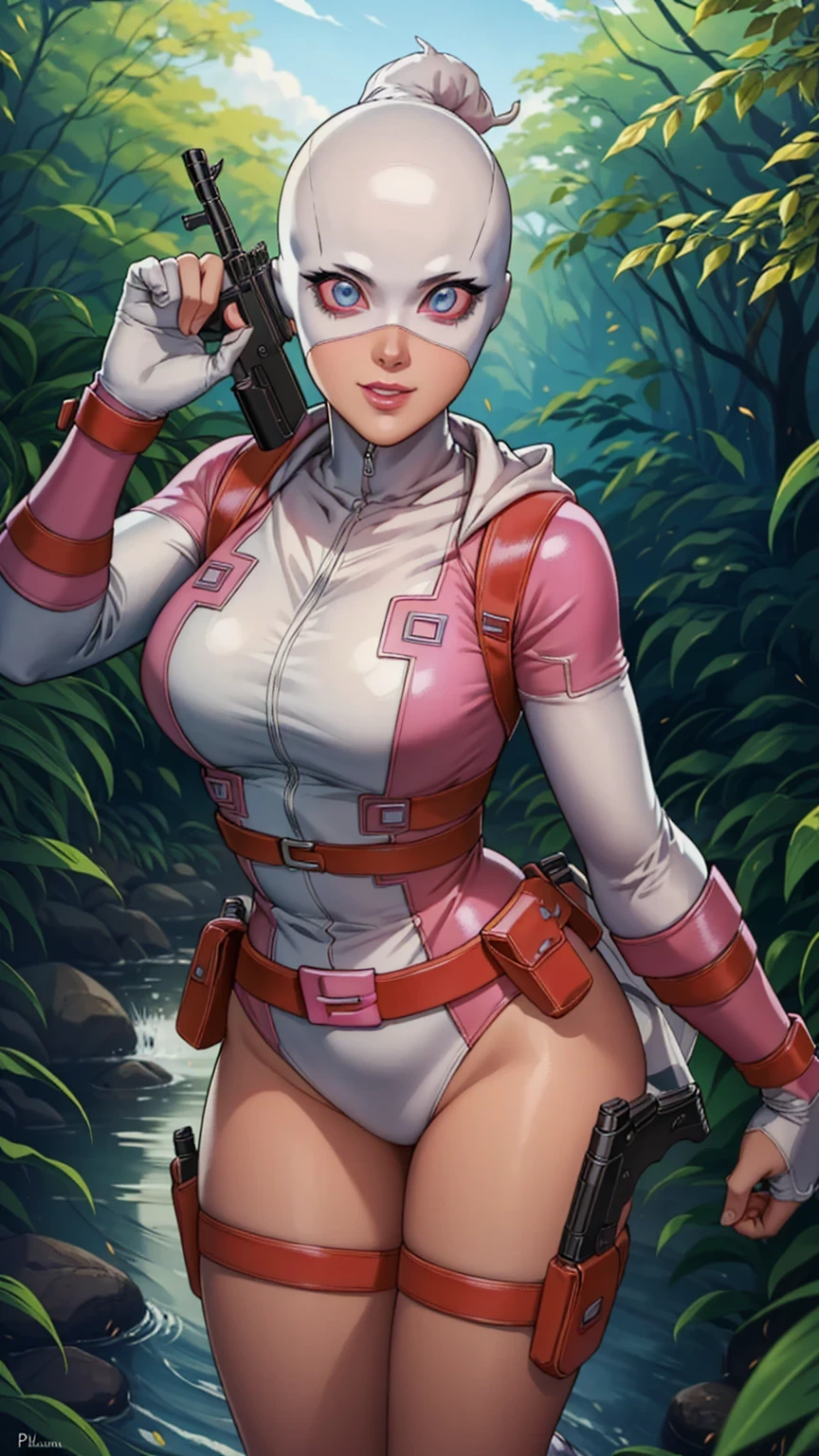 ((ultra quality)), ((masterpiece)), (GwenPool attacking:1), (Detailed face:1.2), (Detailed eyes:1.2), (platinum blonde hair, bright blue eyes), (superhero, pink headband, bodysuit, pink leotard, belt, gun, hood:1), looking at viewer with a snarky grin, expressive, cute pose, leaning forward, (dynamic_angle:1), (dynamic_pose:1.2), (masterpiece:1.2), (best quality, highest quality), (ultra detailed), (8k, 4k, intricate),(full body:1), (Cowboy shot:1.2), (50mm), (highly detailed:1.2),(detailed face:1.2), detailed_eyes,(gradients),(ambient light:1.3),(cinematic composition:1.3),(HDR:1),Accent Lighting,extremely detailed,original, highres,(perfect_anatomy:1.2), background: beautiful forest near the river, ((depth of field)), ((high quality clear image)), (clear details), ((high detail)), realistically, professional photo session, ((Clear Focus))