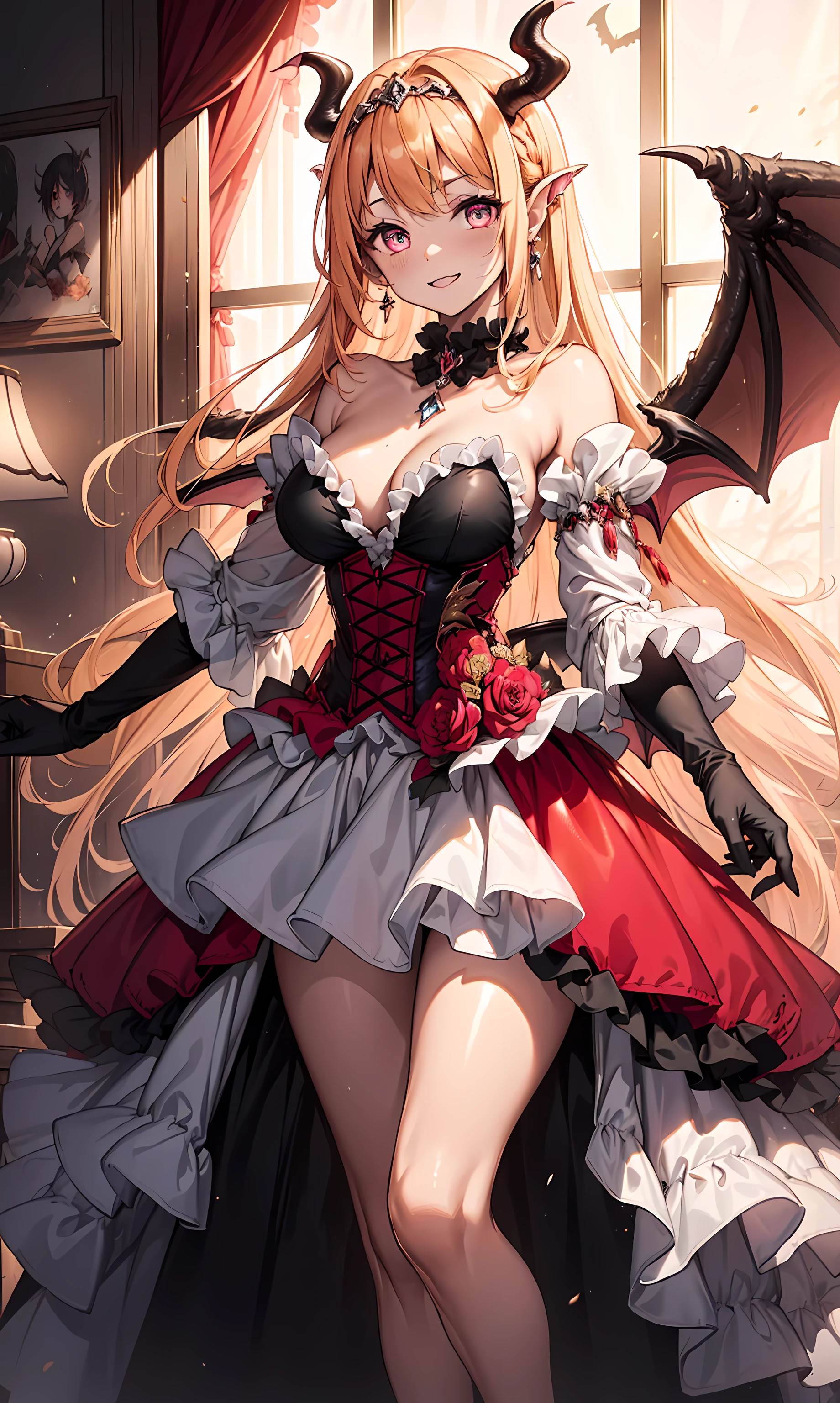 ((masterpiece)), (Textured Skin), ((High Detail)), best quality, The award-winning, 8K, Beautiful woman, Silk dress, noble, Princess, Queen, Blonde, Half bun, Hair flap, jewelled headdress, Crystal Earrings, S((best quality)), 1 Girl, Succubus,Holding a whip