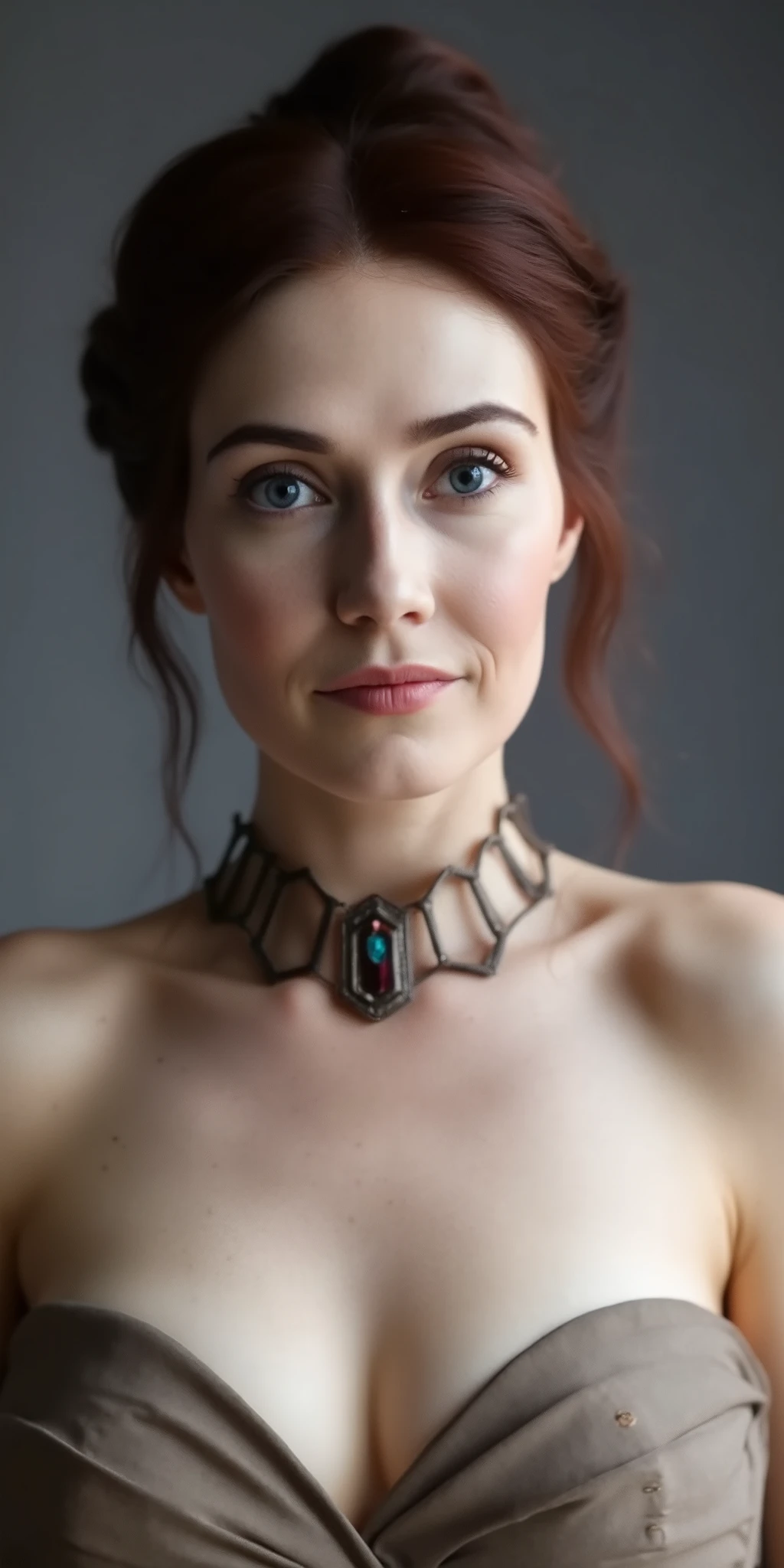 Photograph of The image is a high-resolution, photograph featuring a young woman with fair skin and a delicate, slender build. She has a striking, symmetrical face with high cheekbones, large, expressive blue eyes, and full lips.  low bun. She is posed in a close-up, three-quarter view
She is wearing a minimalistic, strapless dress that is not visible in the frame but likely covers her shoulders. Around her neck, she wears a delicate, thin necklace with a small pendant.  adding a subtle, personal touch. The background is a smooth, gradient gray that complements her skin tone and highlights her features. The lighting is soft and even, creating a soft glow on her face and highlighting the texture of her skin and the sheen of her hair. The overall mood of the photograph is elegant and introspective, with a focus on the subject's facial expression and delicate, refined details.