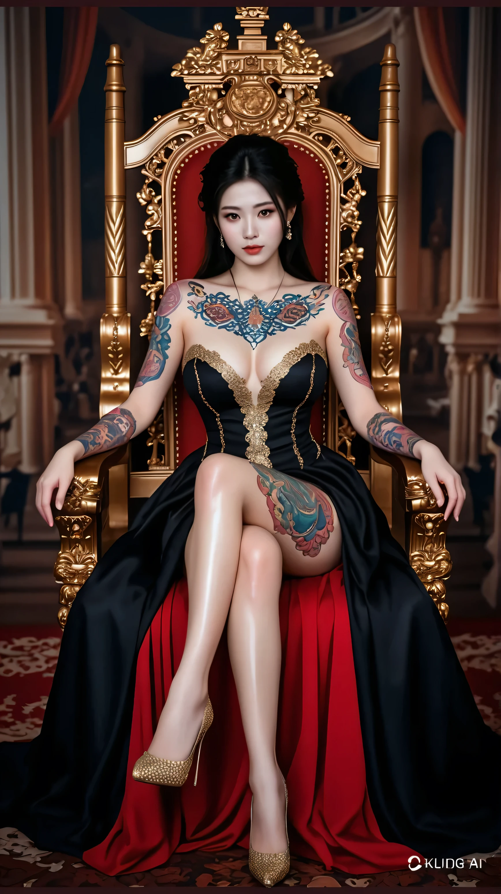(realistic:1.3), Crazy details, quality, (Create a masterpiece:1.2), (ภาพrealistic:1.2), (qualityที่ดีที่สุด), (detailed skin:1.3), (complicated details), Ray tracing, ((full body image)), ((1 woman)), (((1 person))), 18-20 years old, long hair, smile, red dress, patterned skirt, Contrast color between dress and skirt, skirt pattern, earring, necklace, Javanese jewelry, ((big breasts, beautiful breast, Breast augmentation, Plump breasts)), ((Thigh tattoo)), (blurred background, long legs)