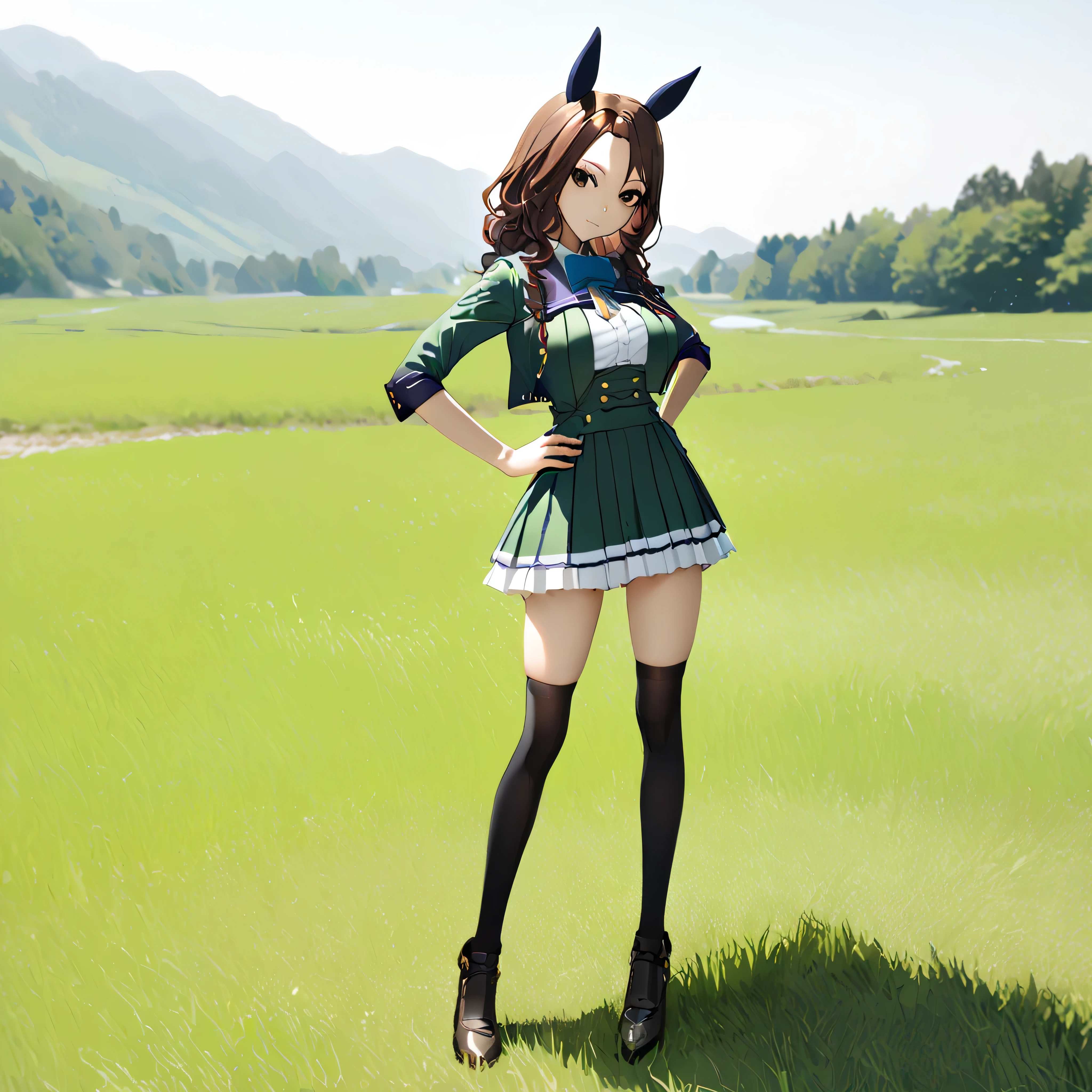 masterpiece, landscape, grass field, BREAK, (1 skinny girl standing with open legs:1.2), (umamusume\:1.2), (king halo \:1.1), BREAK, shoubufuku\, (too short skirt), (green dress cinches narrow waist too tight), BREAK, brown hair, (both hands on her hip), open legs, BREAK, (bursting large breasts), too narrow waist, skinny waist, small stomach, skinny hip, skinny legs, black thighhighs