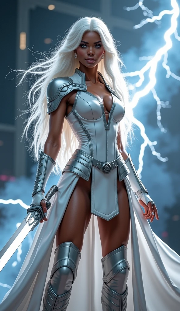 Character: ((storm) from the X-Men) in realistic version, sexy, short white t-shirt draped over the shoulder, lace fabric, short white skirt, cleavage, long stockings, white ray eyes shining, huge white hair flying, lightning and hurricanes in the background, rays coming out of the hands, gloves, photo with rich details, very well detailed image, Full HD 8K, maximum resolution, ultra detailed and realistic image, cyberpunk style