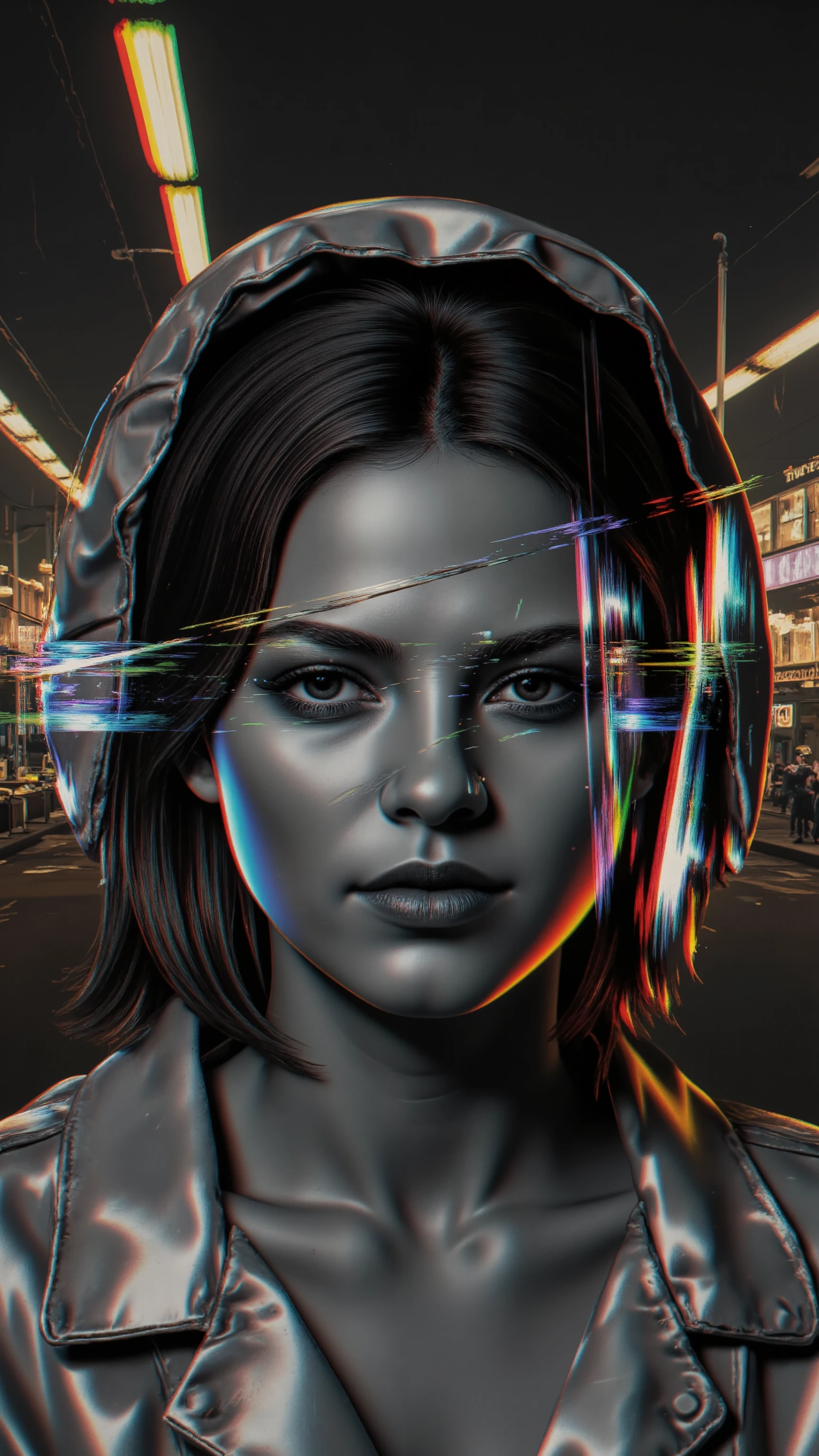 A stylized low-poly scene featuring a polygonal woman with geometric facial features and a faceted body. She wears a structured outfit with angular shadows and subtle metallic paint accents. The background consists of a polygonal interior with a geometric cityscape in the distance. Cel shading enhances the contrast, while grisaille highlights add a sculptural effect. Despite the sharp edges of the low-poly design, a bloom effect creates a soft glowing light, and a refraction effect distorts glass elements for an unusual visual contrast.extreme ground view, Motion blur introduces an unnatural smoothness, while an iridescent flow overlays colorful gradients onto the faceted surfaces.
