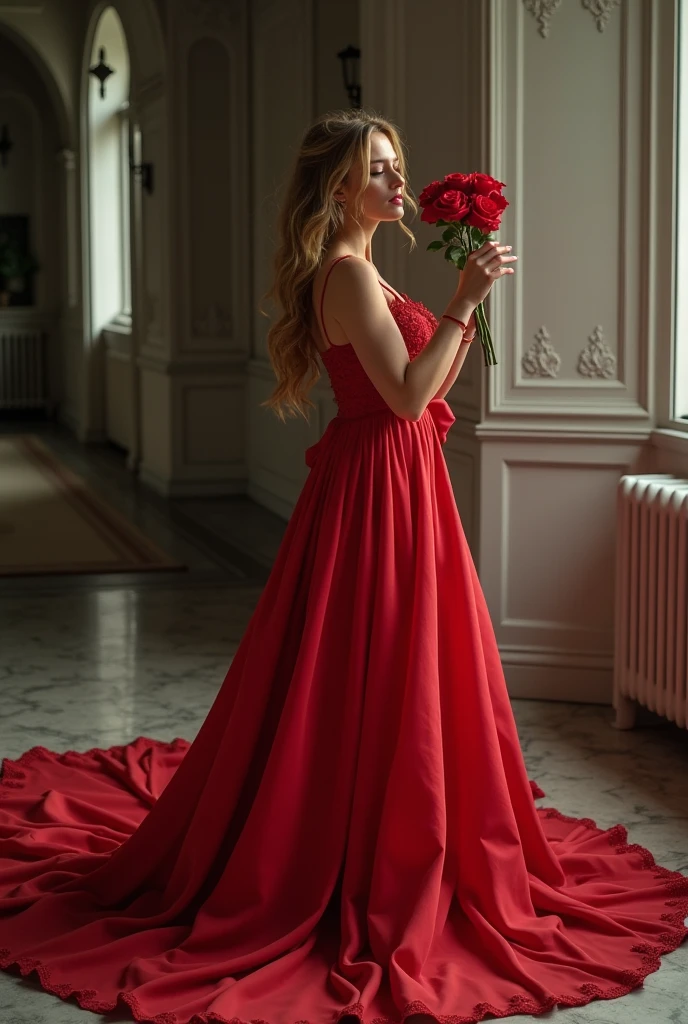beautiful woman ,blonde, elegantly dressed in a red dress, red shoes on the feet, standing tall, holds out one bright red rose, masterpiece, (Best quality,4K,8 K,a high resolution,masterpiece:1.2), (realistic, Фотоrealistic,