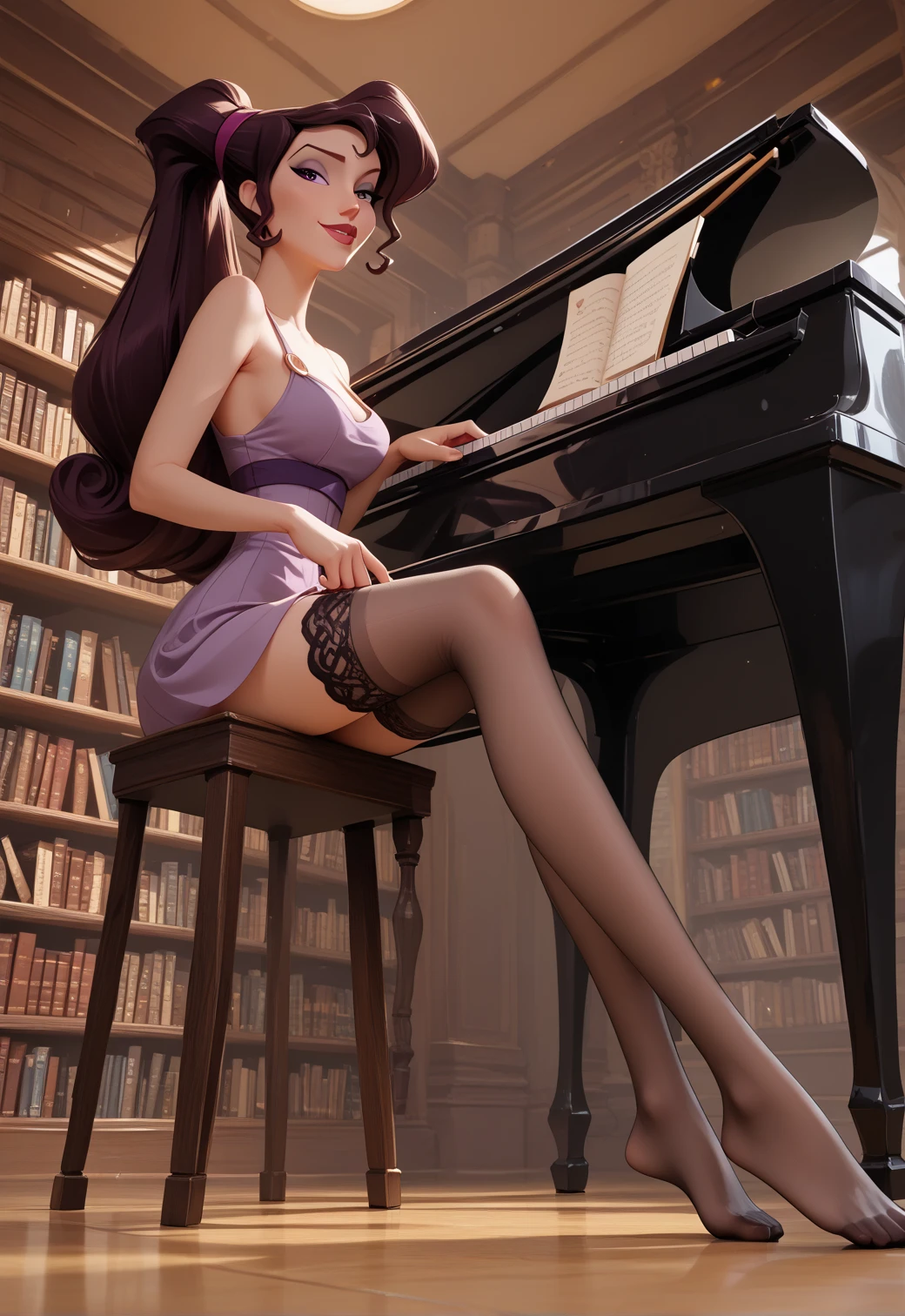 a fat lovely woman。Look at you with tender eyes(Brown eyes) sitting in the jazz room of theater。One hand on big black violin and let his bangs slide.,The other hand is behind his back。 is wearing short red dress)medium boob。Black stockings on the fat legs(A detailed)。Wearing cotton slippers on feet。Dewy, smooth and fair skin。There is a cute hairpin on the head。Perfect fat body proportion。Beautiful fat figure。8 k hd wallpaper, big white violin(modern style home)the soft light。 。With a charming and charming attitude