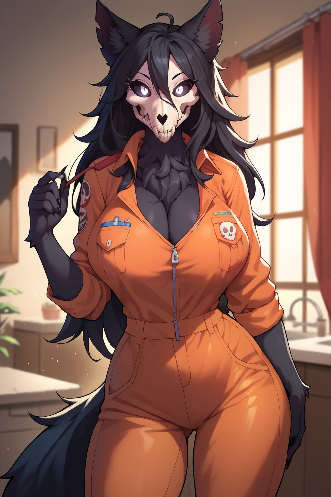 score_9, score_8_up, score_7_up, score_6_up, BREAK, MaloSCPXL, anthro furry, furry female, body fur, black fur, head skull, white eyes, glowing eyes, black sclera, black hair, long hair, hair between eyes, animal ears, black tail, large breasts, orange jumpsuit, solo, standing, looking at viewer, indoors