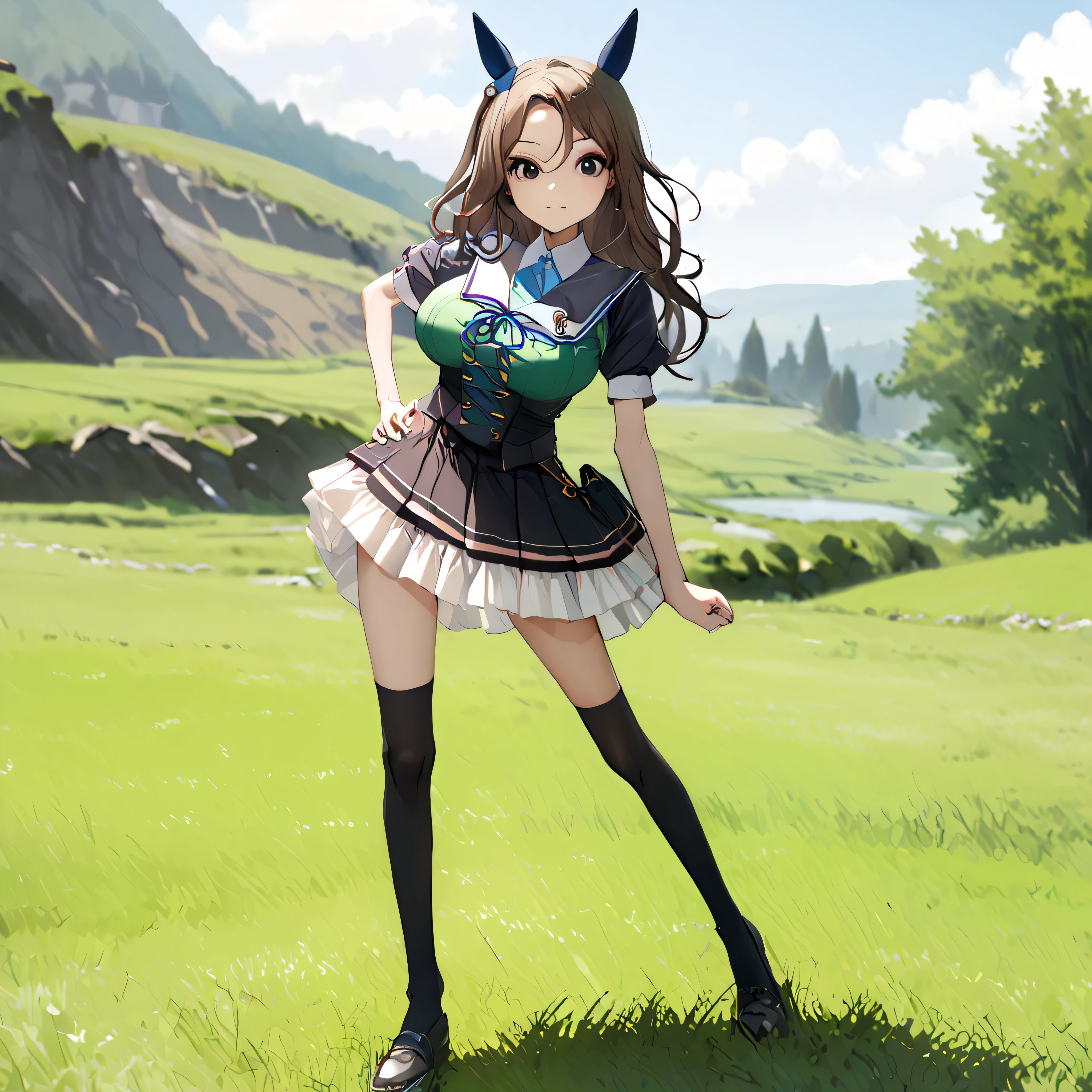 masterpiece, landscape, grass field, BREAK, (1 skinny girl standing with open legs:1.2), (umamusume\:1.2), (king halo \:1.1), BREAK, shoubufuku\, (too short skirt), thigh gap, (green dress cinches narrow waist too tight), BREAK, brown hair, (both hands on her hip), open legs, BREAK, (bursting large breasts), too narrow waist, skinny waist, small stomach, skinny hip, skinny legs, black thighhighs, thigh straps