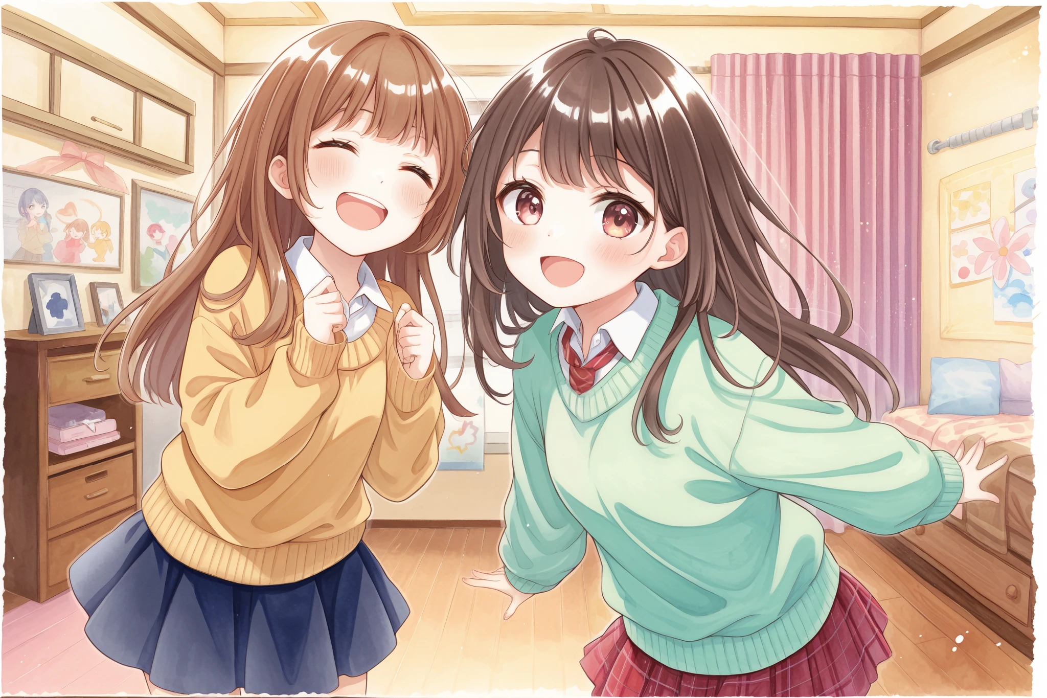 Two women laugh、Dark brown hair 、Deep green、 sweater、 skirt、room、 watercolor