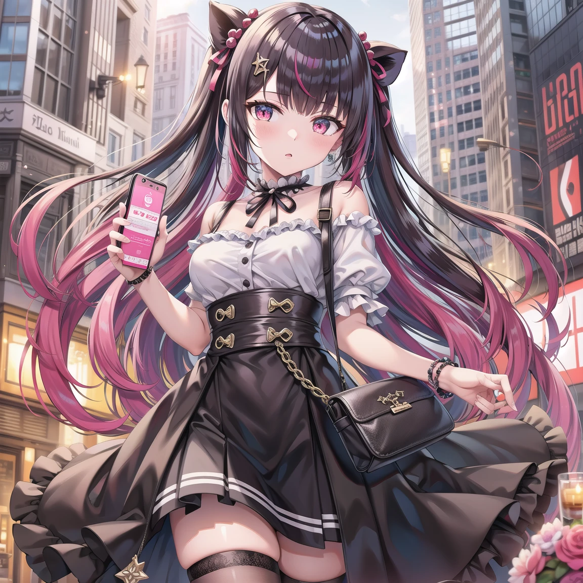 smile, cowboy shot, <lora:Hu_Tao_Genshin:0.8> Hu_Tao_Genshin, 1girl, solo, long hair, red eyes, brown eyes, flower-shaped pupils, twintails, hu tao \(genshin impact\), <lora:edgPastelGothFashionv1:0.8> edgPastelGoth, pink outfit, chain skirt, ,wearing edgPastelGoth,, ultra detailed, masterpiece, best quality, aesthetic, detailed,