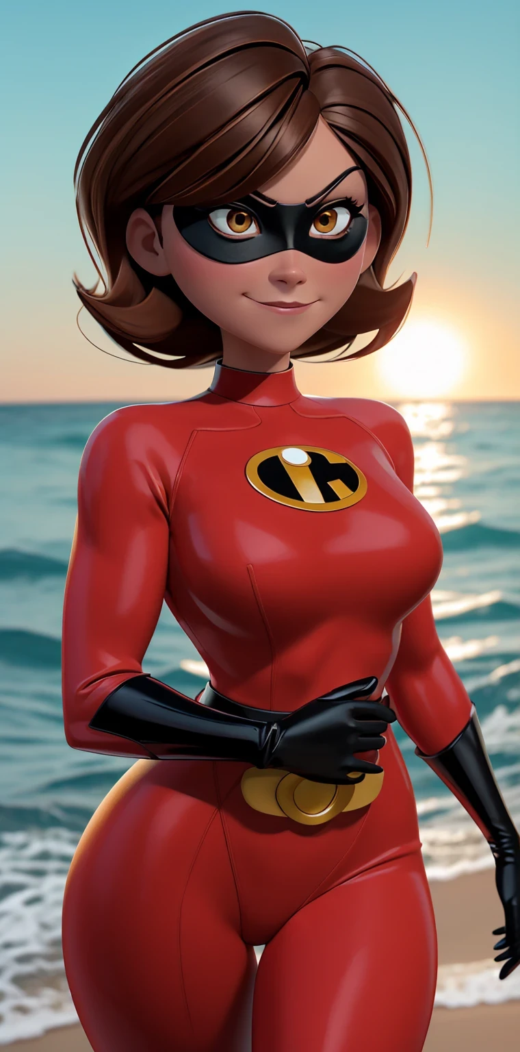 (best quality:1.4),(shiny skin), body focus, (cute face), (((best quality))), illustration, ((Beautiful Finger)), , Beautiful body, Beautiful character design, ,perfect lighting, Colorful, Bright_Front_face_Lighting, ultra high res, highres, absurdres:1.2, bokeh:1.2, lens flare, (vibrant_color:1.2), (Beautiful, medium breasts:1.6), (thick thighs:1.1), THICK,
Short brown hair, white skin, black eye mask, intense amber eyes, small nose, worried expression, red superhero suit with a black collar, Yellow insignia with the letter "i" in the center, black gloves, black belt, upper body, body suit, smile, (ocean:1.3), sand, sun, outdoors, sensual look, good hands