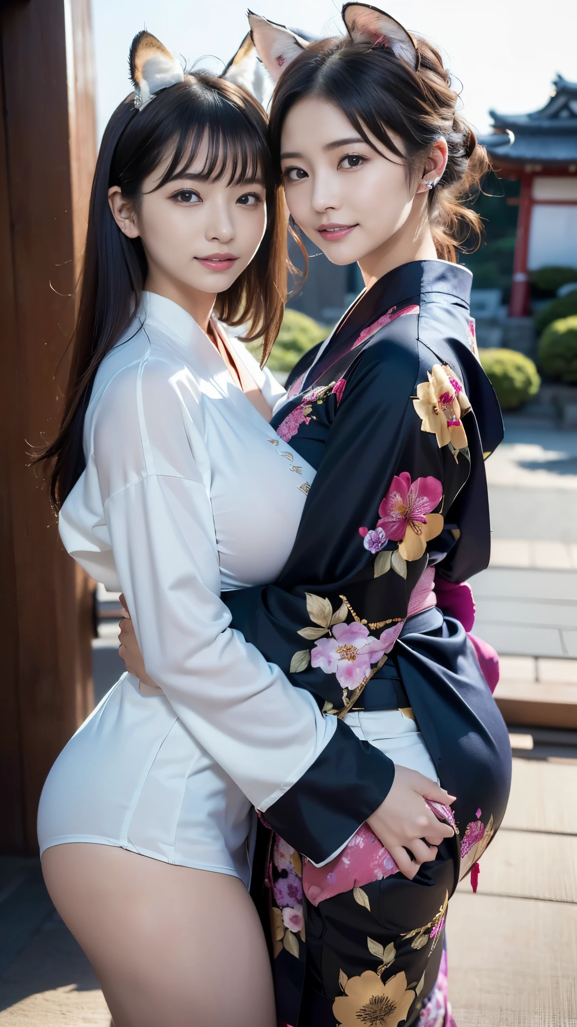 top quality, Masterpiece, ultra high resolution, High Definition RAW Color Photos , pro pics, natural skin texture, fine skin, hyperrealism, Ultra-Fine,16k,(((gigantic breasts))),Japan,(((煌びやかなJapanの着物,floral long sleeve kimono,right color花柄振袖, fox ears, Shrine grounds,(( erect nipples,heart pasties,asymmetrical docking, 2 Women with Skin Close,hug,2 Women with Beast Ears ,from side)))))