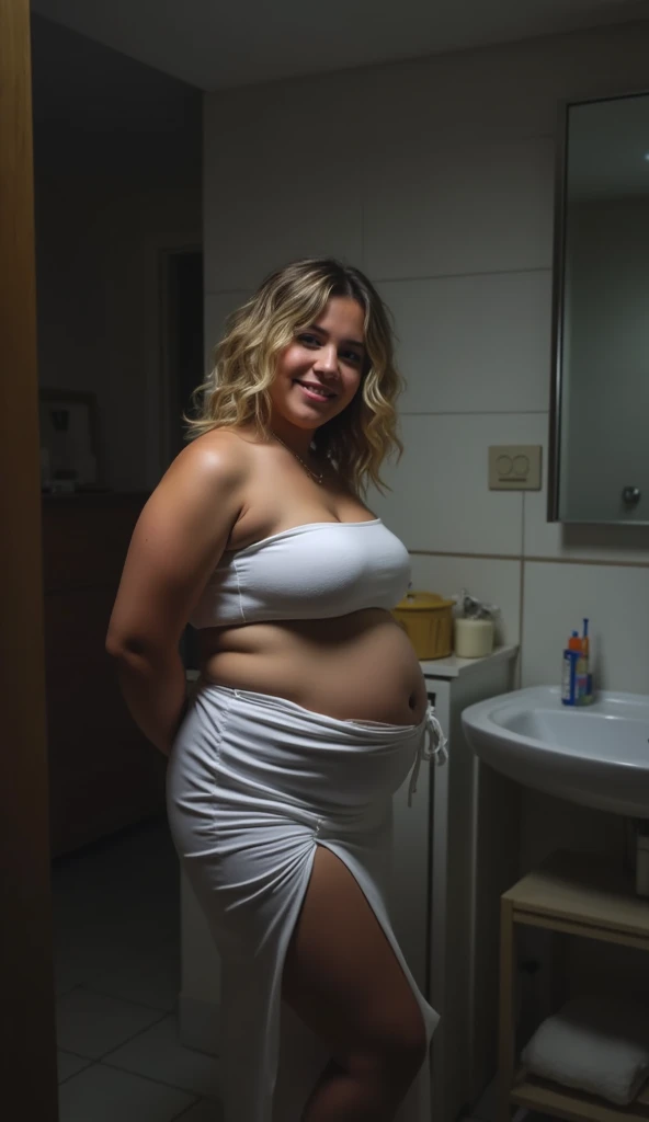 A 65-year-old black woman wearing prescription glasses, weighing 78 kilograms distributed over a body with 170 centimeters in height, with large, saggy breasts, wide hip, thick legs and thighs. She has an expressive face with lines of time from age, small mouth, brown eyes with a serene and suffering look, very light brown eyes and wavy gray hair. She is naked standing caressing her breasts beside a bed in a humble and precarious room at night.