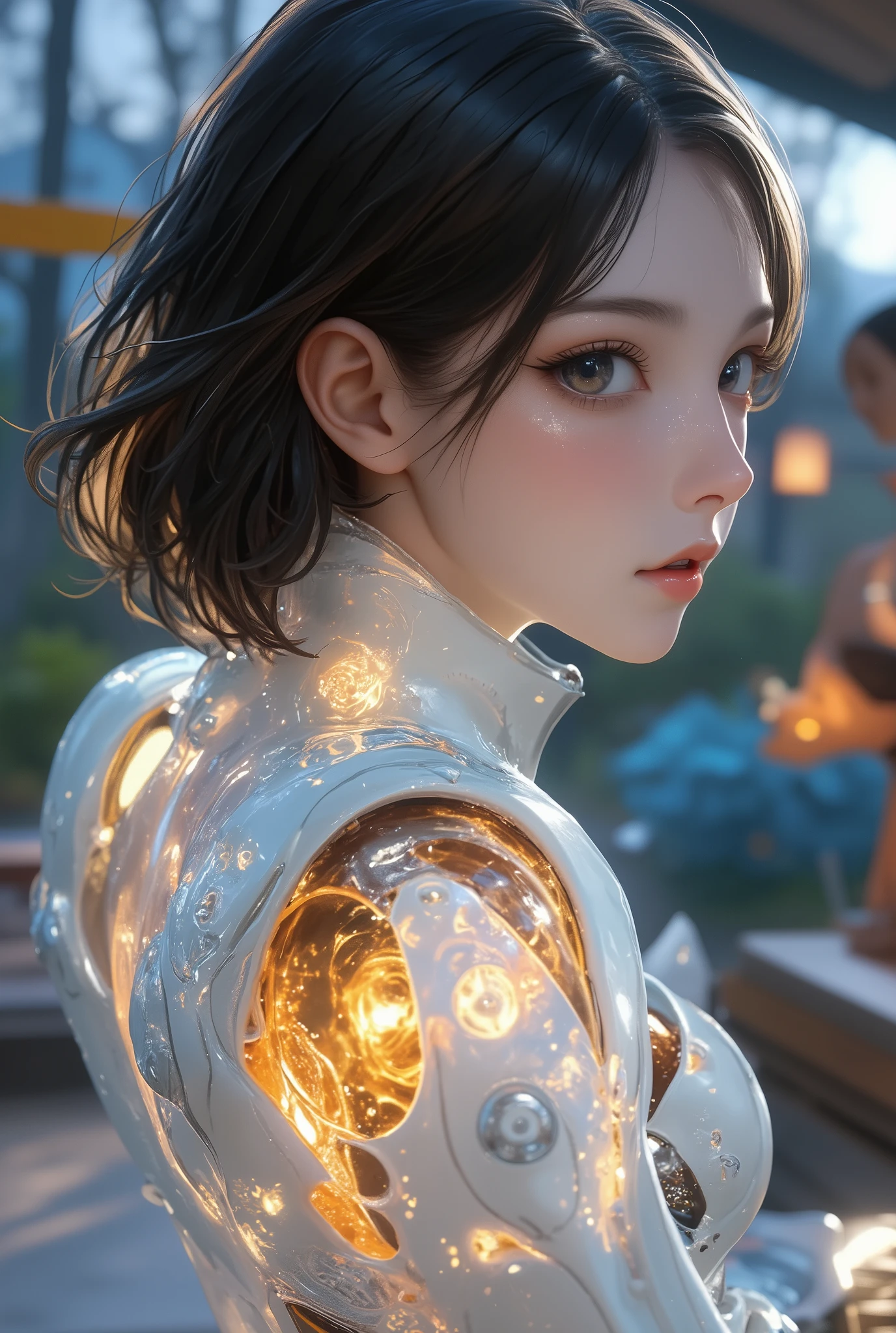 Portrait of a Japanese female android in her mid-20s made of white and silver clear glass and plastic, Geisha Makeup, Black hairstyle , Silver and gold metal internals, Dynamic Poses, flowing organic construction , Detailed engraving, Lace knitting designs, [Flickering golden circuit, colorful neon trim, Detailed engraving, Lace knitting designs, Illuminated Circuit , neon trim, art:H.r. Giger, Greg Lutowski
