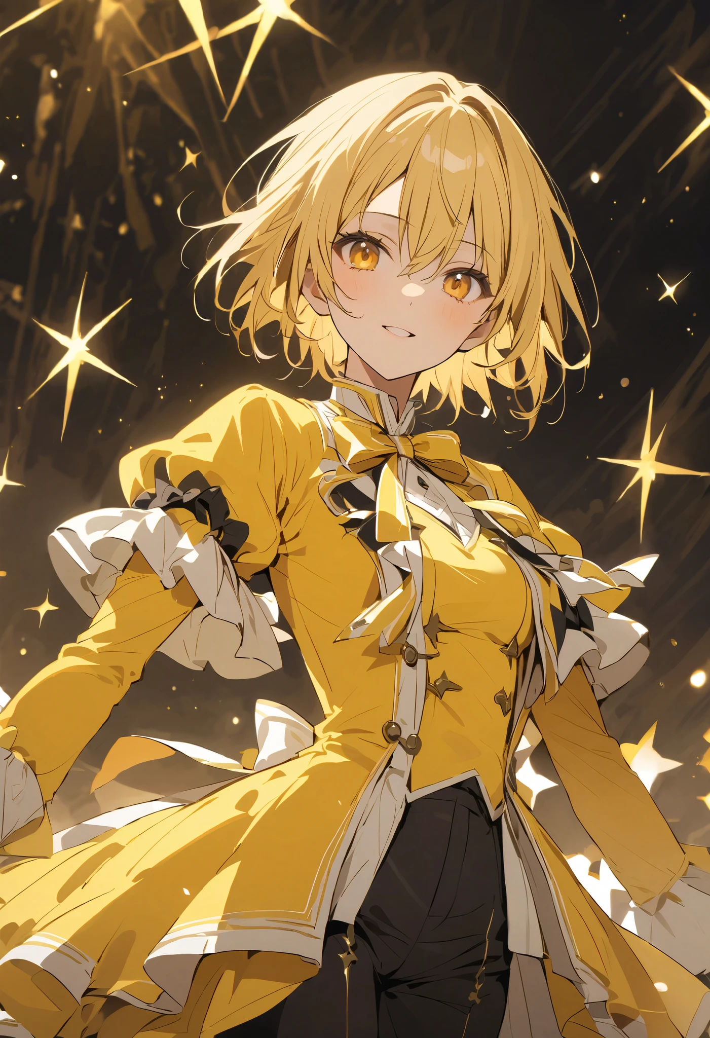 yellow costume、solo、 yellow bow tie、whole body、black short pants 、く short hair、 blonde、 yellow long jacket、 yellow ribbon 、 idol costume 、 yellow long jacket 、Beautiful Absolute Realm 、black short pants 、黄色の short hair 、Beautiful Absolute Realm 、Alone、Depiction of fine eyes 、 short hair