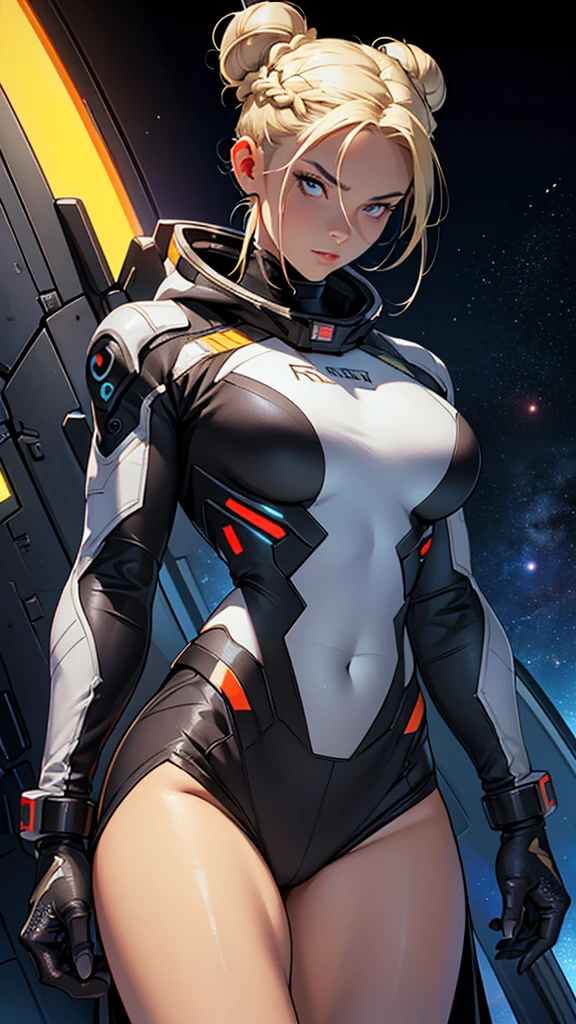 (masterpiece, best quality:1.2), (Cowboy shooting:1.1), Solitary, 1 Girl, Yuki Mori, Smile, Shut up, side view, Looking at the audience, Blonde Hair, Long hair, Thigh gap, Tight Fit衣, Tight Fit, Perfect body, Large Windows, (Starship Porthole:1.3), (Open your legs:1.8), (permanent:1.1), Thigh gap, Sexy pose, side view, Perfect hands, Inside a bright starship, (Outer space view:1.1), (Track View:1.3), (night, Old Sky:1.5), Milky Way
