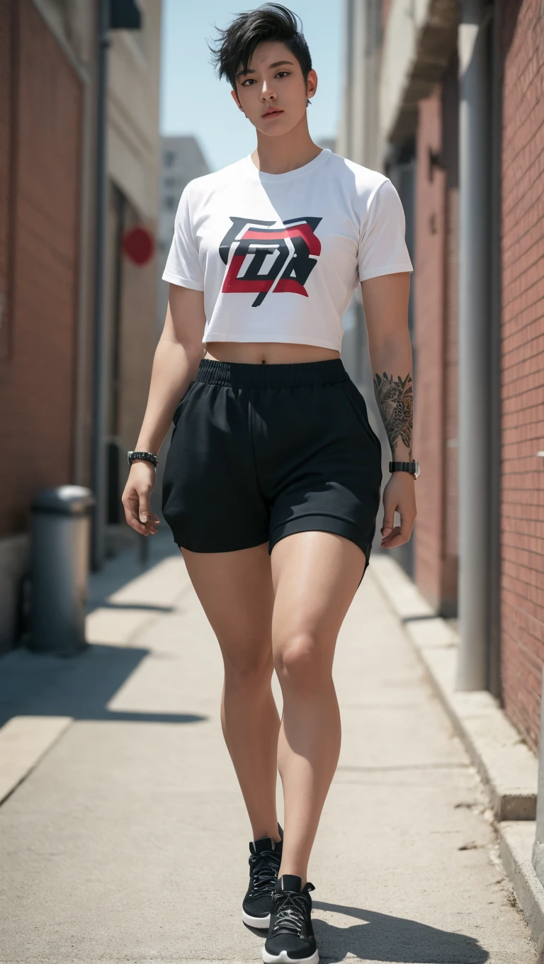 (Footballer fitness girl) (perfect body) (curved belt) (brown skin color) (red t-shirt called C7) (yellow line) (Whole body) (white tight shorts) (tattoo on his face) (tattoos on the leg) (half size black tights with tight white lines)