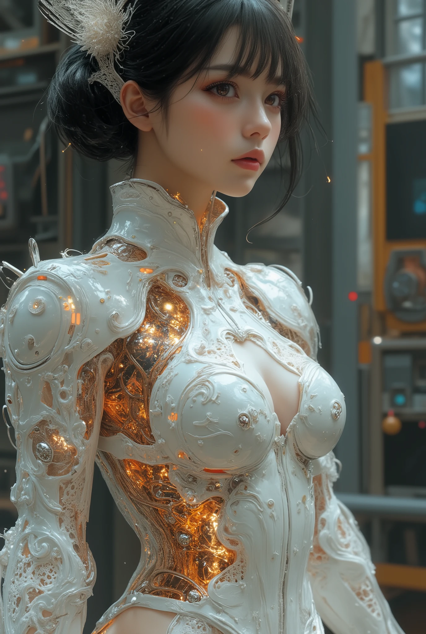 Portrait of a Japanese female android in her mid-20s made of white and silver clear glass and plastic, Geisha Makeup, Black hairstyle , Silver and gold metal internals, Dynamic Poses, flowing organic construction , Detailed engraving, Lace knitting designs, [Flickering golden circuit, colorful neon trim, Detailed engraving, Lace knitting designs, Illuminated Circuit , neon trim, art:H.r. Giger, Greg Lutowski
