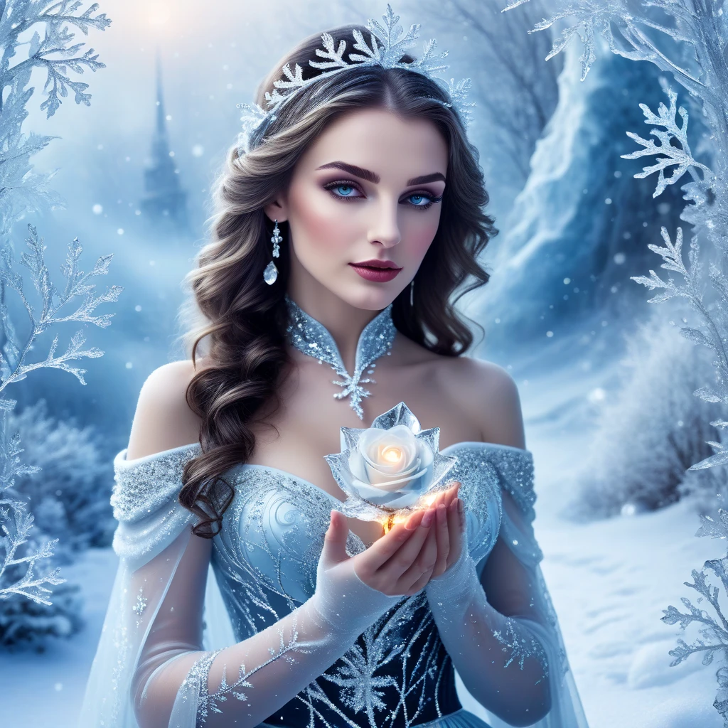 A cute ice elf woman with blue skin, deep blue eyes, pointy ears, waist length pale hair, wearing a sapphire sequin sparkling sheer night gown, inspecting her ice sculpture flower garden in a snow landscape at twilight, (best quality,4k,8k,highres,masterpiece:1.2),ultra-detailed,(realistic,photorealistic,photo-realistic:1.37),detailed ice sculpture flowers,snowy landscape,ethereal lighting,fantasy,magical,cinematic