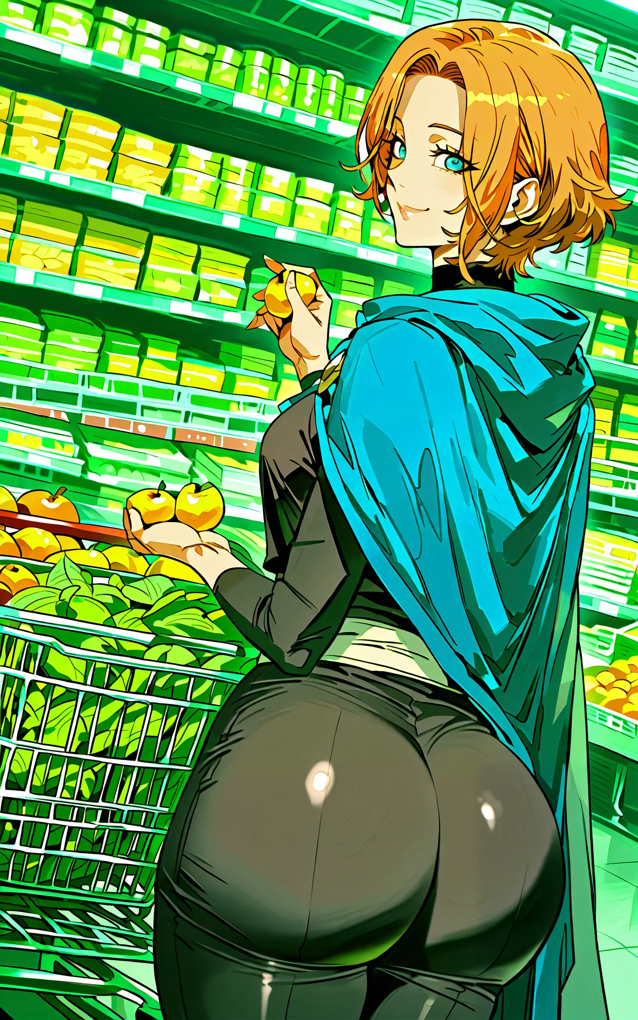 score_9, score_8_up, score_7_up, source_anime, sypha, short hair, blue eyes, orange hair,, cape, blue cape,, grocery store, shopping cart, picking fruits, everyday life, , smile, looking at viewer, arm flexed showing sexy butt, solo,, cowboy shot, dutch angle, fat ass,