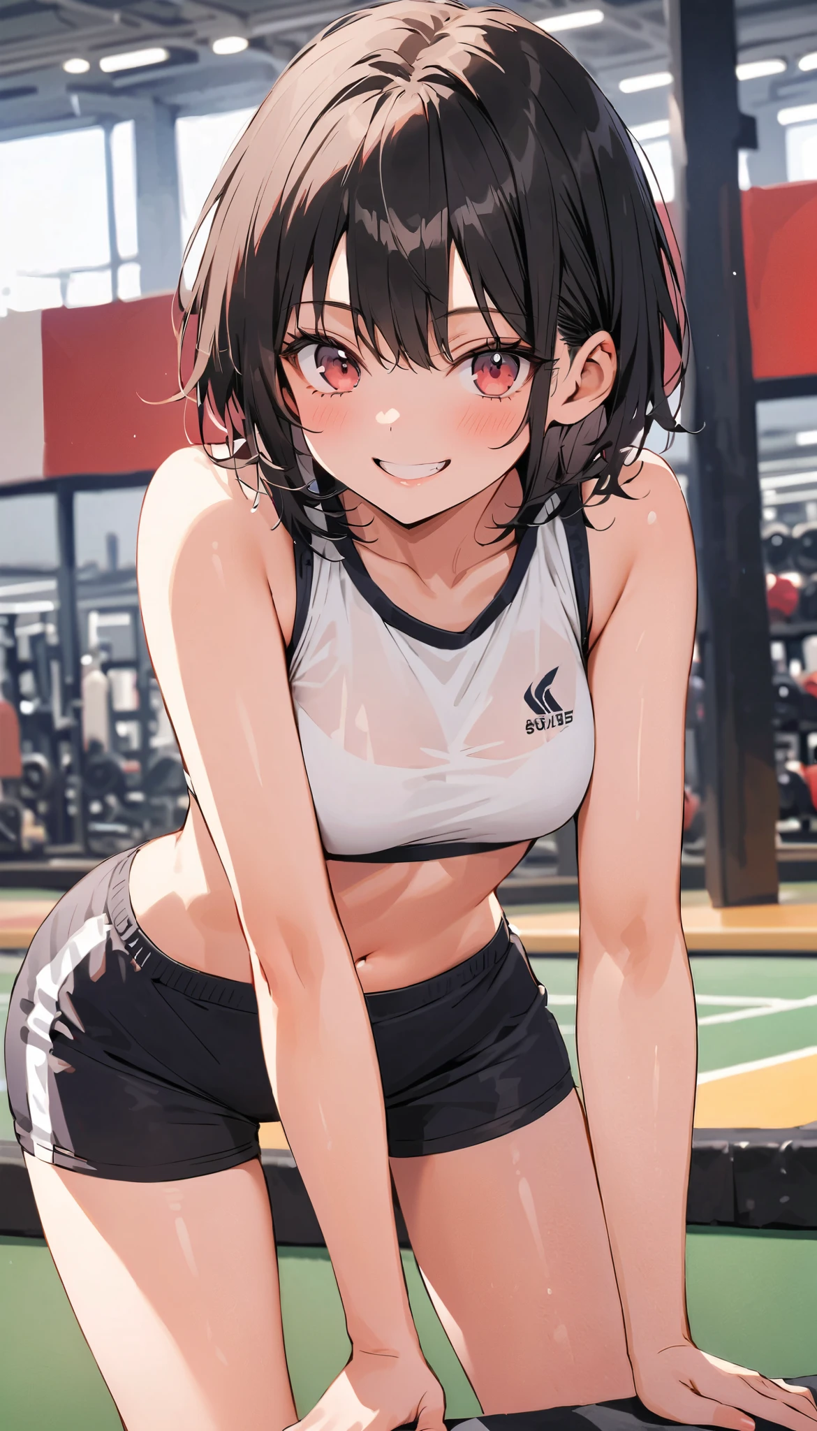 ((masterpiece,Highest quality:1.3,best quality illustration)),((realistic:1.2)),cowboy shot,solo,1woman,18 year old beauty、black hair,short bob hair,(center parted bangs),black eyes,(gorgeous big eyes),((very small head:1.4)),shy,smile,((slender body:1.2,skinny)),(tan skin:1.4),small breasts,(purple tank top、school gym red buruma),gleaming skin,oily skin,slender body,sweat,standing,playground、Schoolyard、School、Tokyo、