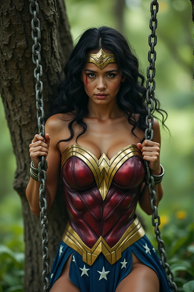 ((MULHER-MARAVILHA in the tropicals Forrest, welcome to the jungle)), ((Emotional expression,expression of pain and despair, gritando de dor, Expression of suffering, olhos arregalados)),(Wonder Woman barefoot,in the middle of the mud, suja de lama), ((WONDER WOMAN SUPERHEROINE, ACUADA E CONTRA PAREDE), (She wears pantyhose with a fishnet belt)), (She's crying a loa tem cabelo preto, ela tem cabelo longo)), ((She wears a thick metal necklace around her neck..)), (Ela esta vestindo roupas imorais, she is wearing indecent clothes), (obra-prima, melhor qualidade) 1.5, 1 garota, sozinho, (sexy, mulher bonita, rosto perfeito, olhos perfeitos), corpo inteiro. ((She's wearing starry lace panties)), ((She's half crouched, pernas abertas, tears running down your face)), ((Shibari)), ((rope bondage)), ((arms behind the back)), ((Totalmente amarrado)), ((Fortemente contido com cordas)), (((Emotional expression,expression of pain and despair, gritando de dor, Expression of suffering, olhos arregalados, expression of fear, corpo se contorcendo de dor))), ((full body view))