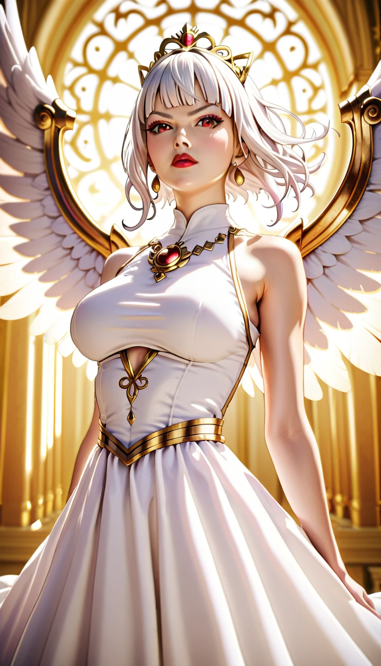 comics art,vivid colors,beautiful vintage angel warrior woman with very big big wings,beautiful face,corpo de frente para o observador,segurando uma espada na frente do corpo,white dress with gold embroid details,little breasts, (determined face expression,flowery background,vivid colors,soft lighting)