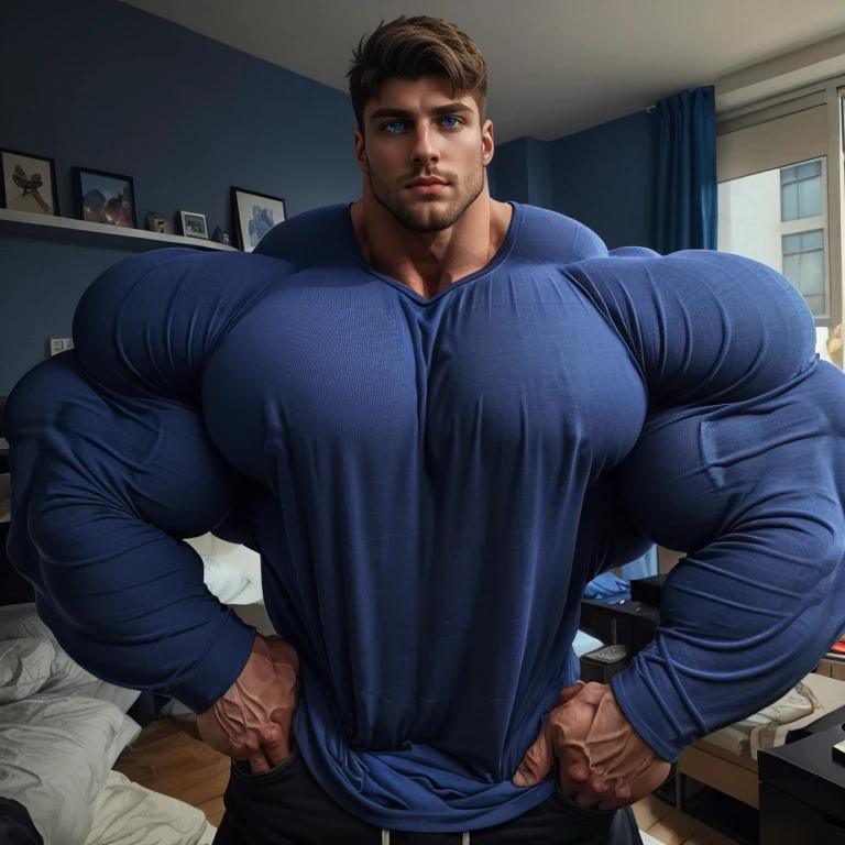 a very handsome young man, massively large, shirtless wearing black shorts, mid fade haircut, sunglasses, massively muscular, massively large muscles, massively large biceps, massively large arms, massively large shoulders, massively large chest, massively large and massively muscular body, massively large bulge, massively large bump, sitting on a bed leaning against the headboard of the bed